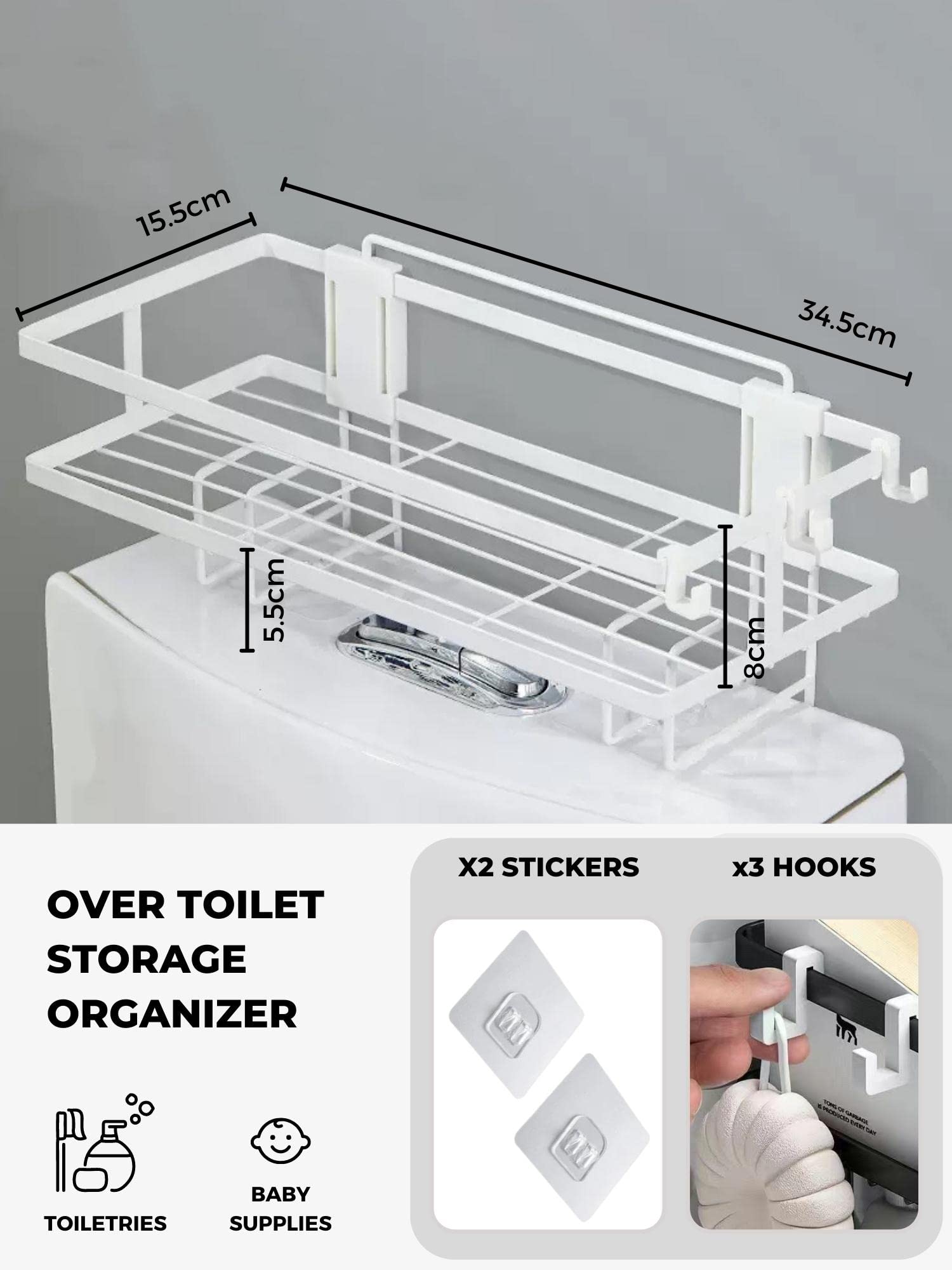 Estantería de Baño sobre el Inodoro. Organizador sobre el WC de Base Adhesiva con Tres Ganchos para Colgar Esponjas o Cepillos. Balda de Inodoro para Almacenar Papel Higiénico y Accesorios de Baño.