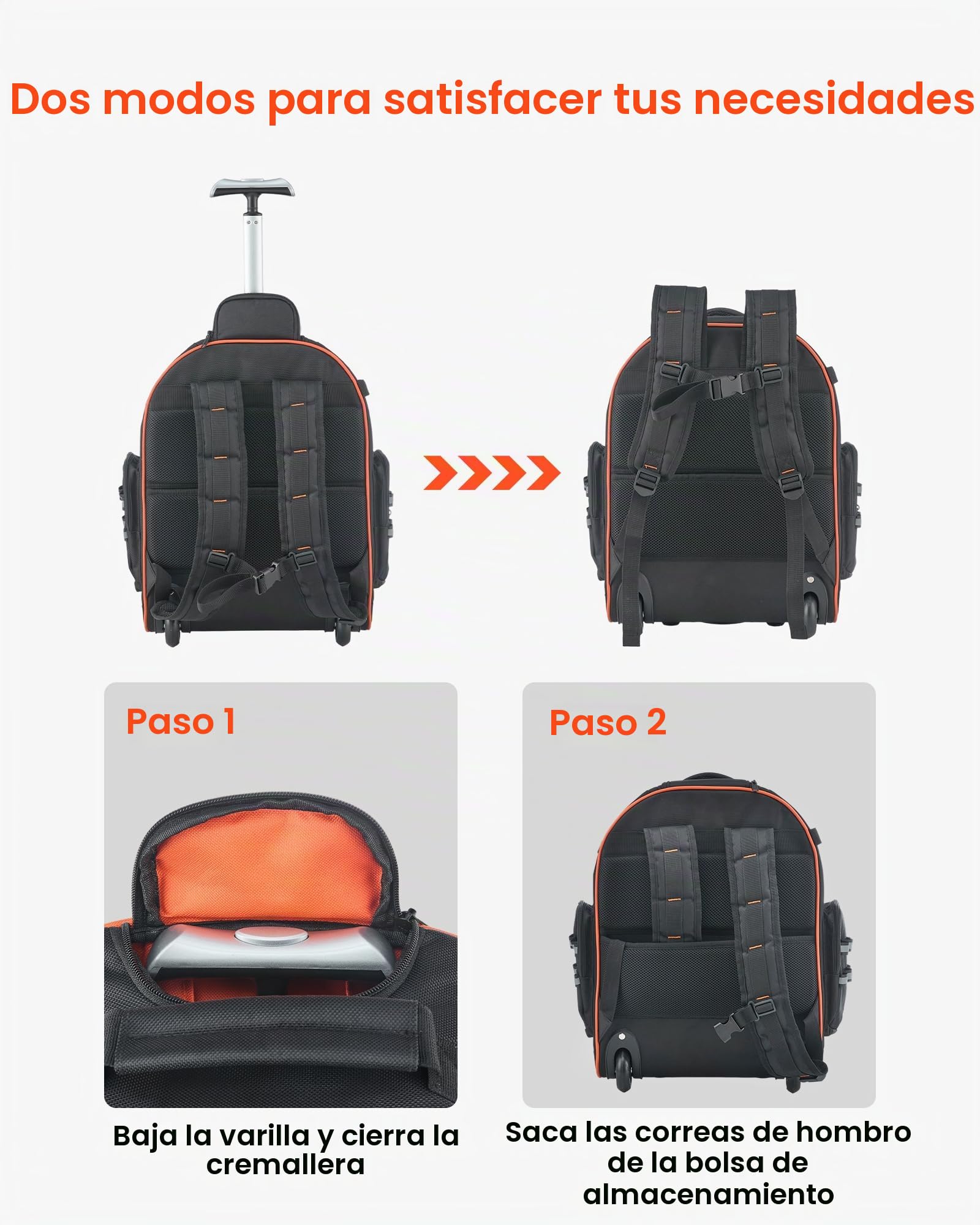 VEVOR Mochila con Ruedas de 440 x 250 x 480 mm Capacidad de Carga de 50 kg Mochila de Herramientas Resistente con 45 Bolsillos, Asa Telescópica Ajustable y Base Estable para Construcción y Mecánico