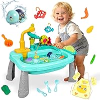 STBM Kids Play Sink with Running Water - 2-in-1 Mini Water Table, Electric Faucet & Dishes Sensory Kitchen Toy for Boys Girls