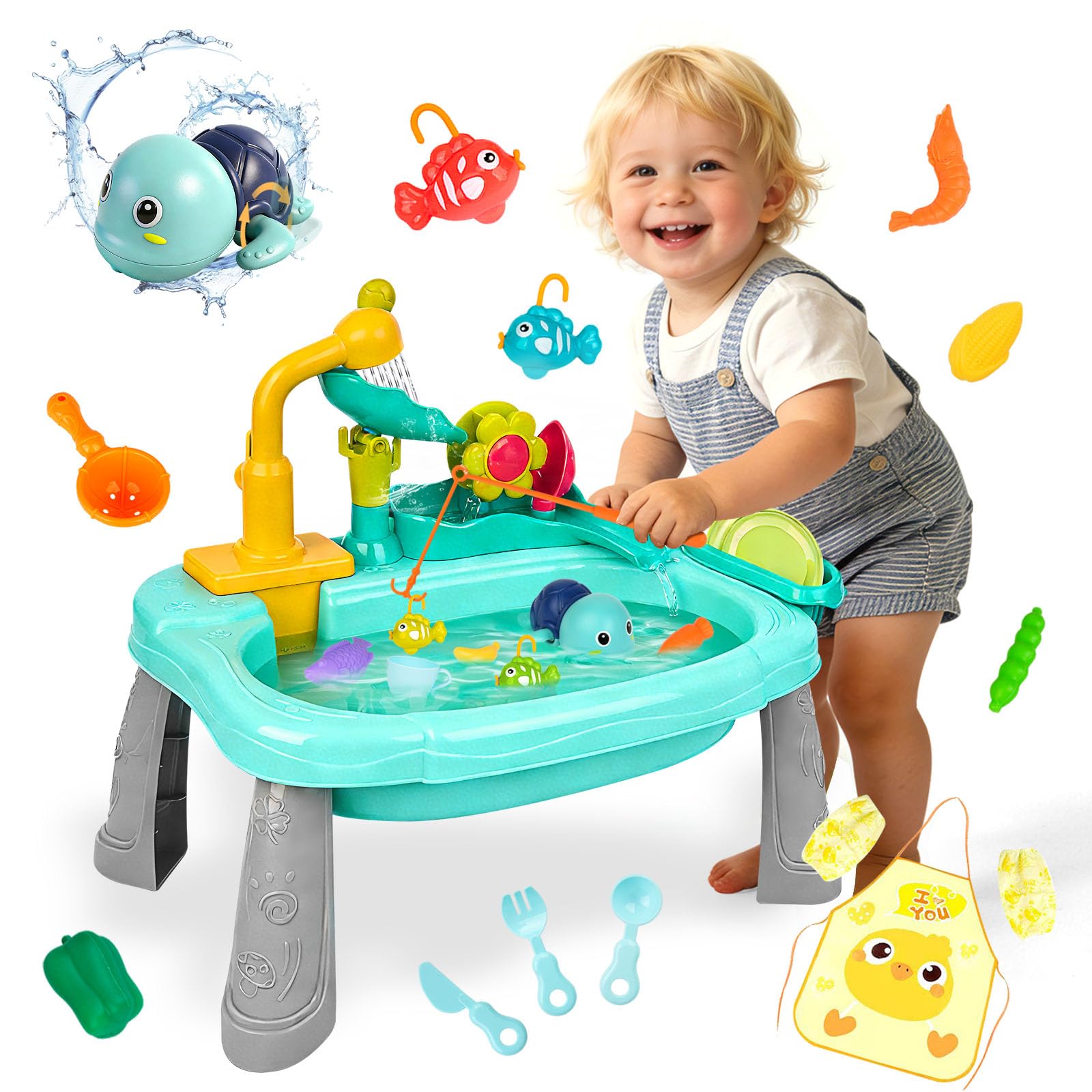 STBEIMEIMY Kids Play Sink with Running Water, Mini Water Table, Water Toys, Upgraded Faucet and Play Dishes, Children Electric Dishwasher Playing Toy,