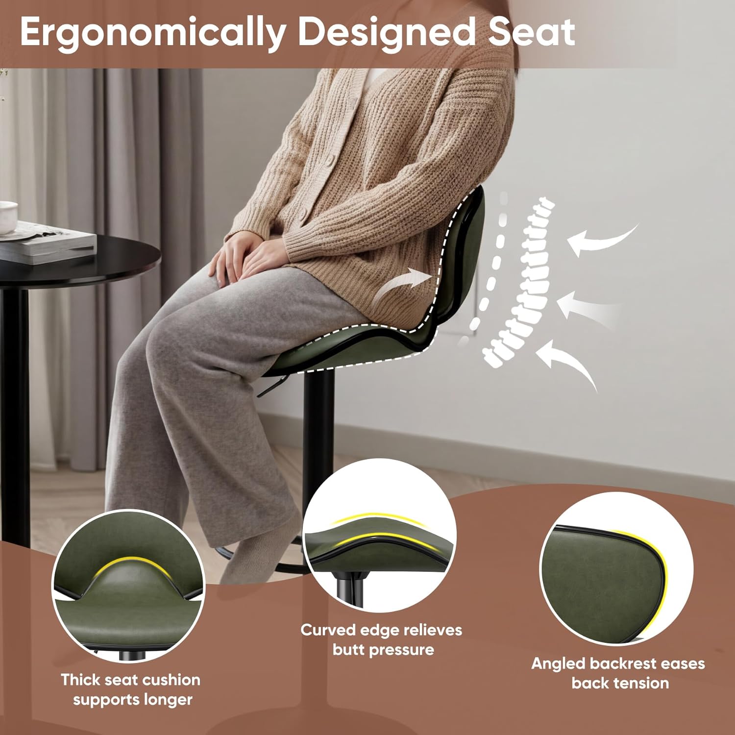 Bar Stools Set of 2, 360° Swivel Counter Height Barstools Adjustable Height, Leather Upholstered Bar Chair with Backrest and Footrest for Bar, Kitchen, Dining Room Green