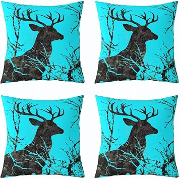 Feelyou Camouflage Deer Design Throw Pillow Covers Set of 4 Wildlife Print Square Cushion Covers Black Deer with Branches Pattern Pillow Case Cushion Case for Couch Sofa Bedroom Decor 18 x 18-Inch
