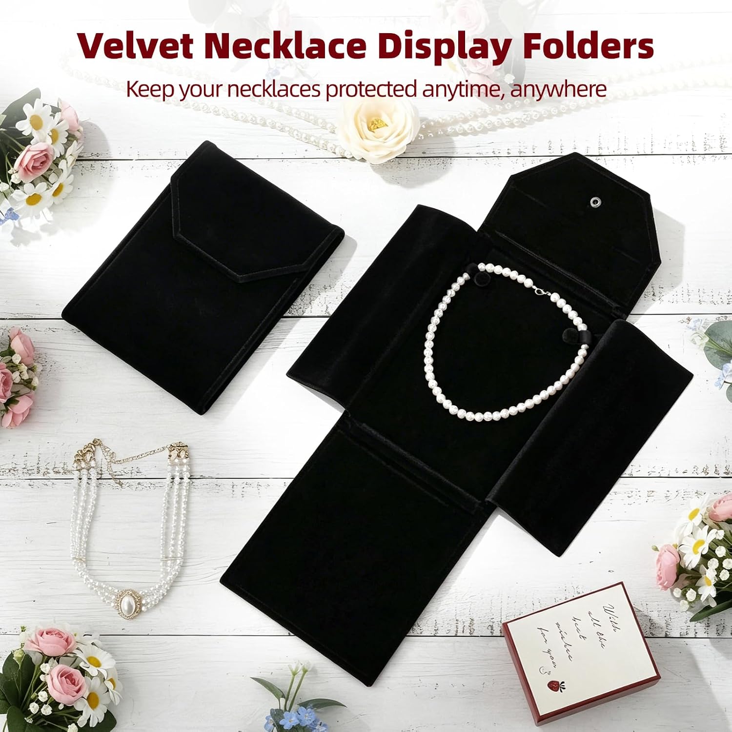 6 Pcs Velvet Necklace Display Folders, Foldable Women Pearl Necklace Organizers with Snap Closure, Portable Travel Jewelry Storage Pouches, Jewelry Display Cases for Presents, Black