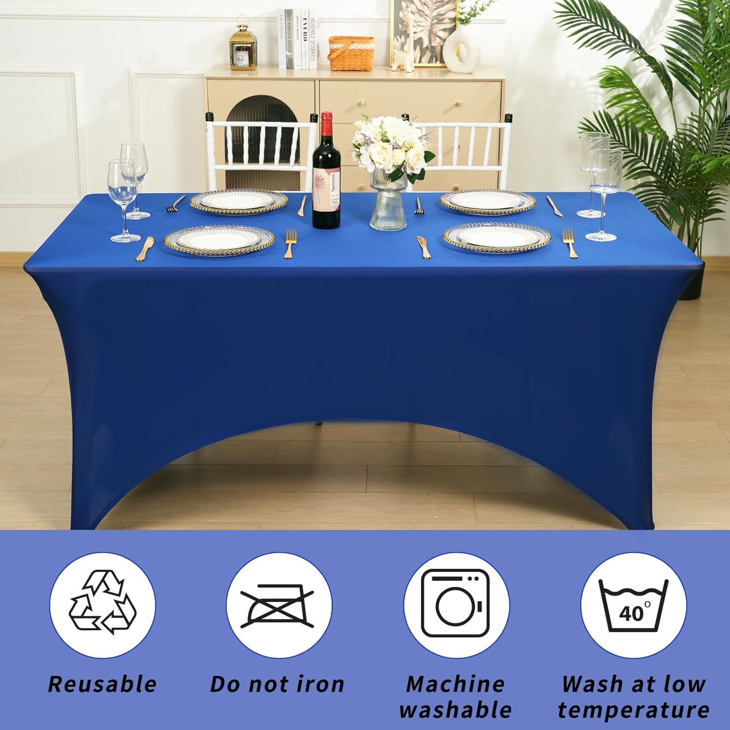 Fixwal 3 Pack Royal Blue Table Cloths Rectangle 6FT, Tablecloths Rectangular Stretch Spandex Fitted Table Covers 6 FT for Parties, Trade Shows, Weddings, Buffet, Graduation Decorations, Vendor Stand
