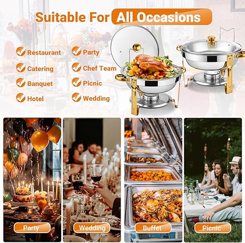 Miniatura 6 de Juego de 4 platos para bufé, platos redondos de 5 cuartos de galón para buffet con tapa de vidrio y soporte de tapa, juego de chafers de acero