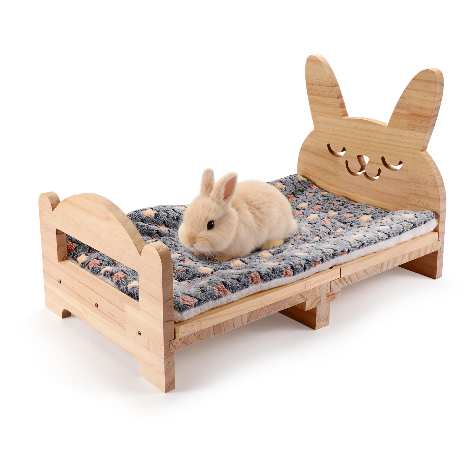 Cama grande de madera para conejos, fácil de montar, cama para mascotas de 20.4 x 12.8 pulgadas con estructura de soporte y cojín extraíble para conejos, cobayas, gatitos y animales pequeños