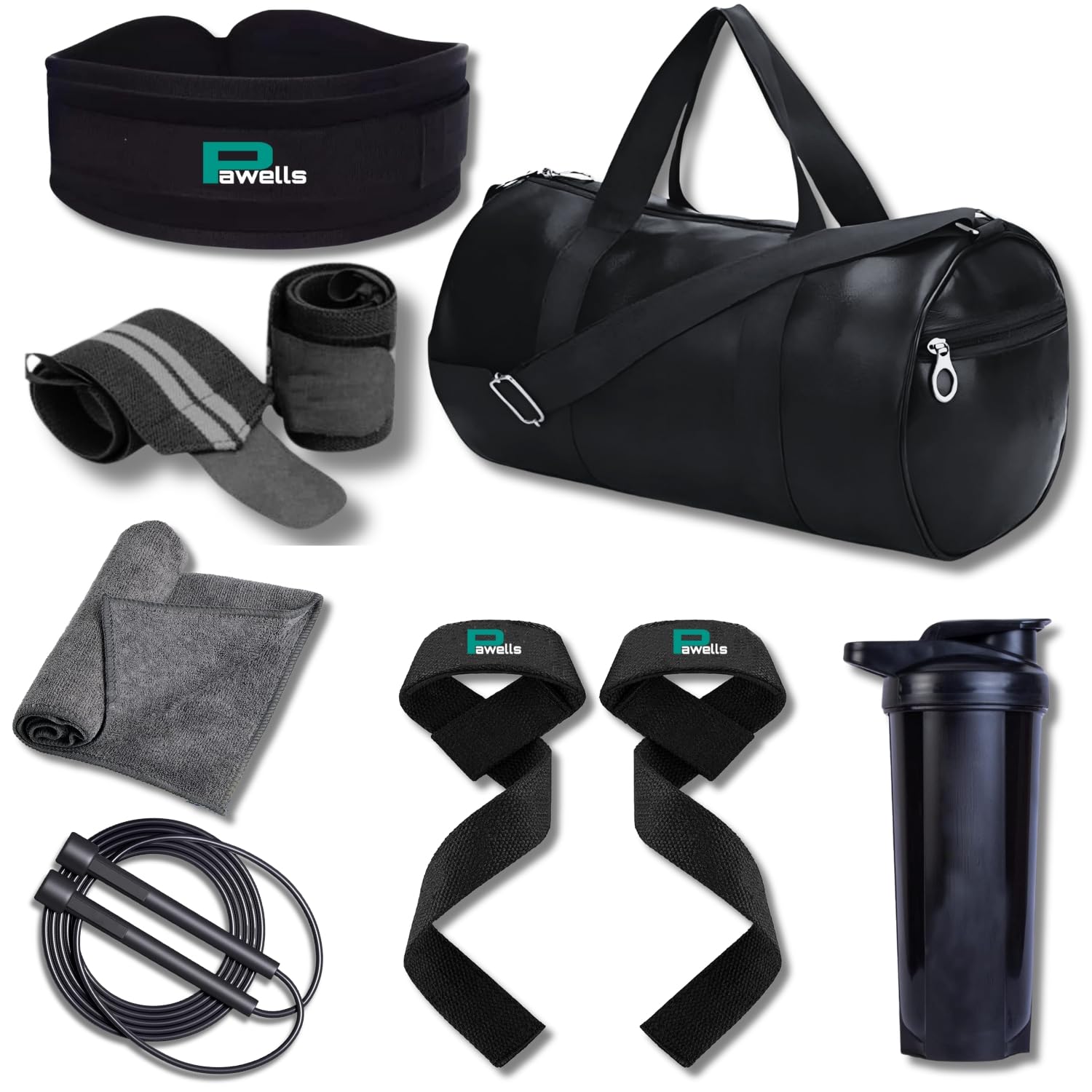 Pawells® Premium Gym Accessories Combo for Man and Woman Gym Kit for Home Workout with Gym Bag, Shaker, Rope, Wrist Band, Towel, Gloves, Deadlift Straps & Belt. Different Combos. (Pack of 7, Black)-image-31