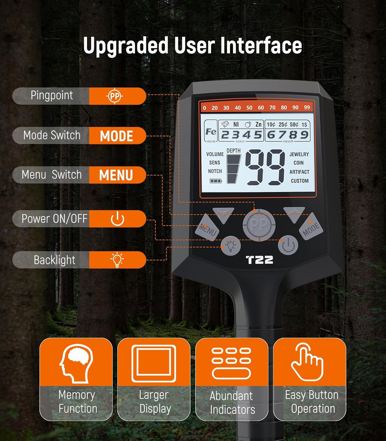 Close-up of the DetectTrek T22's upgraded user interface with buttons and LCD screen