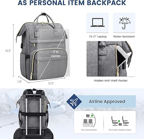 Miniatura 3 de LOVEVOOK - Mochila para laptop de 17 pulgadas para mujer, mochila grande con puerto de carga USB, antirrobo, para estudios, trabajo y viajes, color