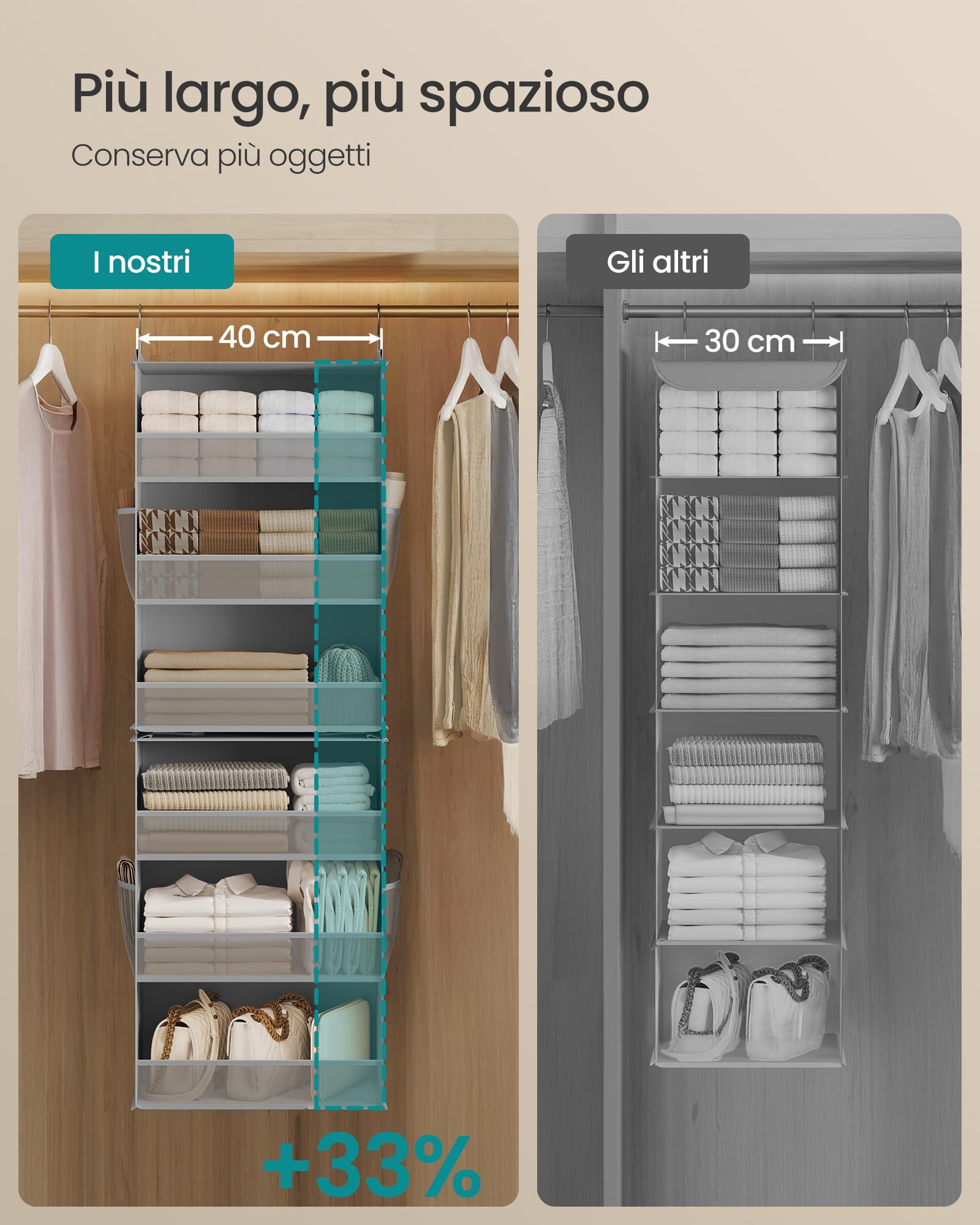 SONGMICS Portaoggetti da Appendere, Set di 2, Organizer Armadio, Divisibile, Pieghevole, Ganci in Metallo e Inserti in Bambù, Grigio Tortora RCH008G01
