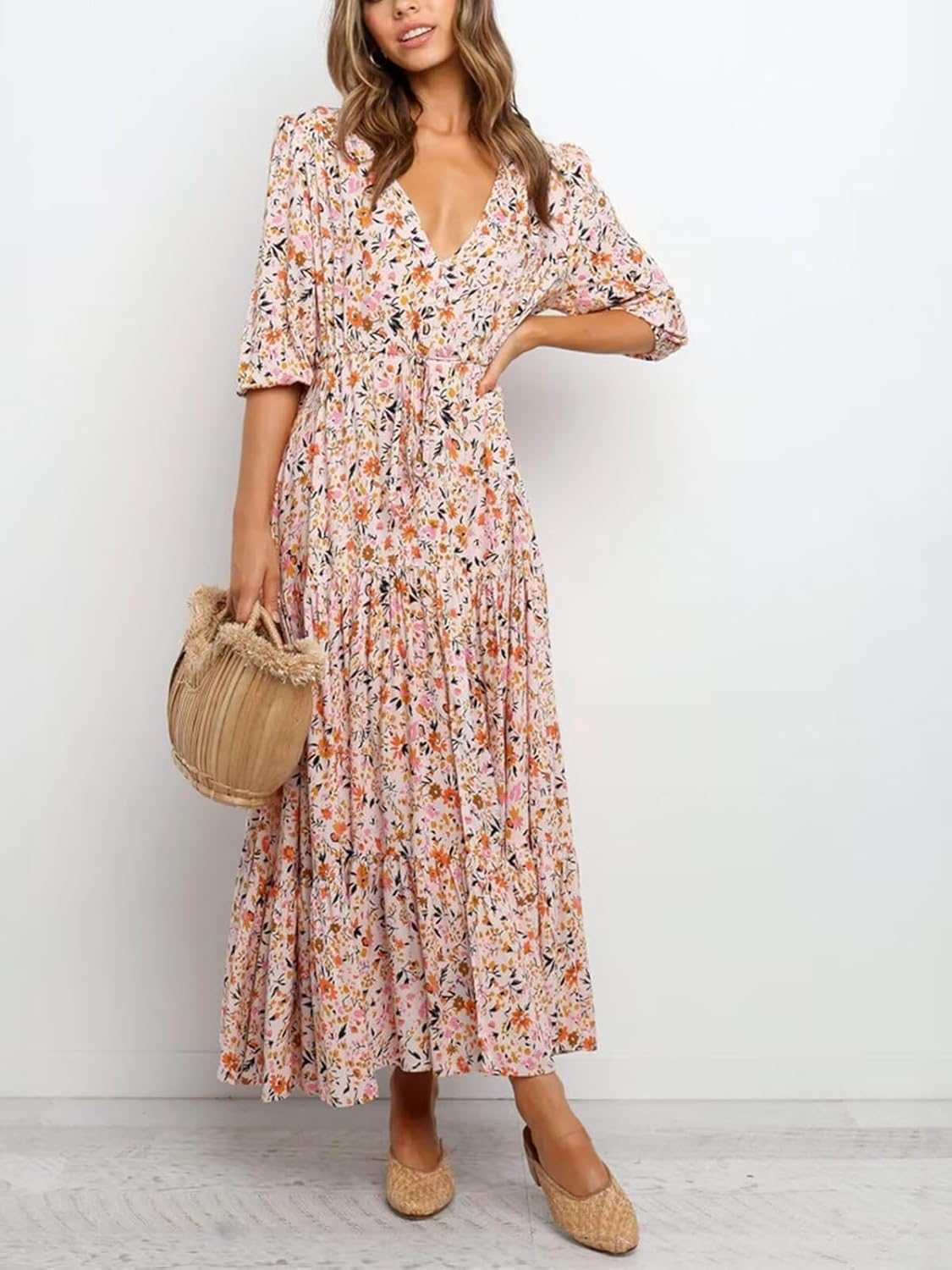 Women's Floral Print Maxi Long Dresses Deep V Neck Summer Beach Dress Half Sleeve A Line Flowy Dresses - Image 3