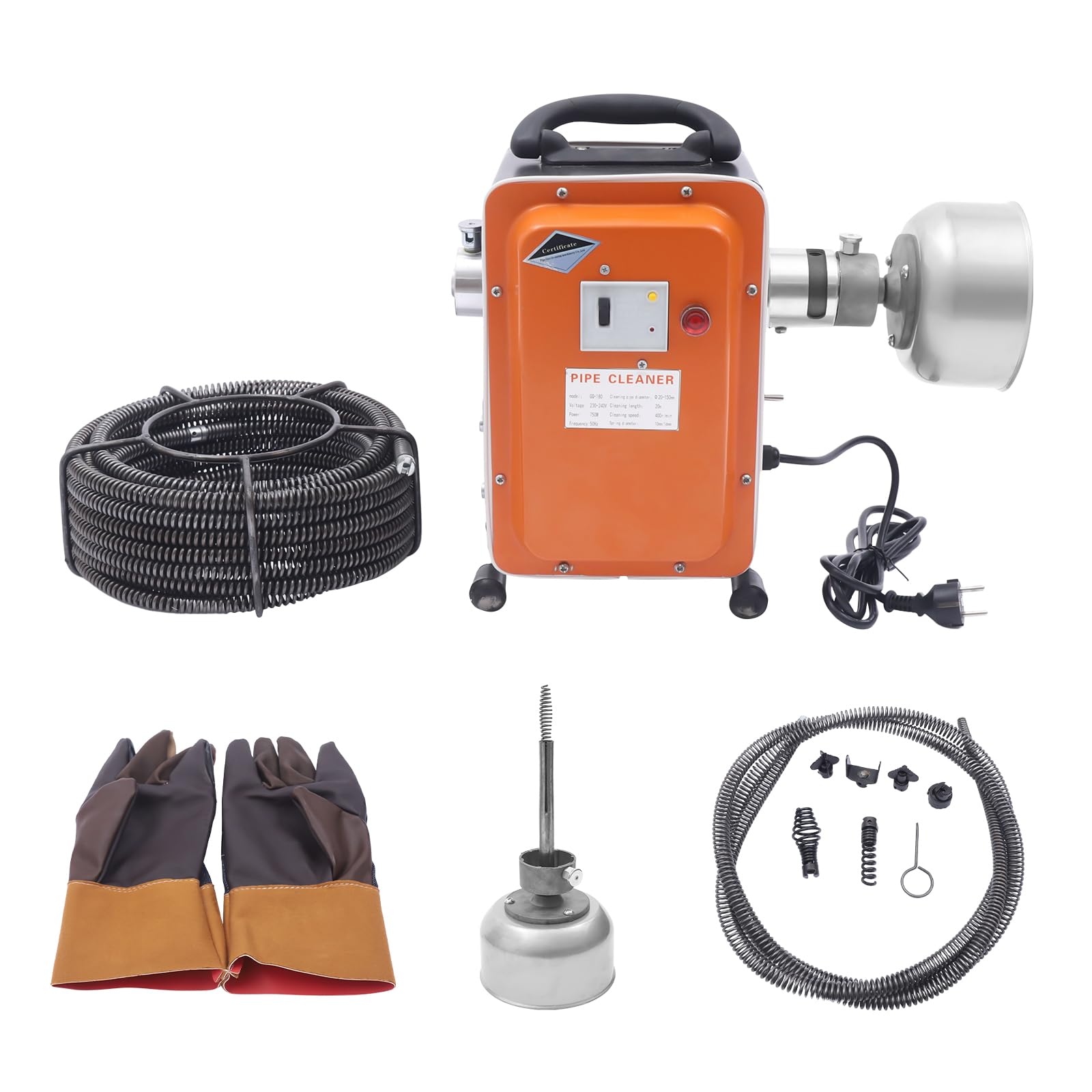 750W Rohrreinigungsmaschine Elektrisch mit 20m Spirale, Rohrreiniger Abflussreiniger Maschine 400 U/min, Abflussreinigungsgerät für Küche Bad Toilette, inkl. Handschuhe & Zubehör