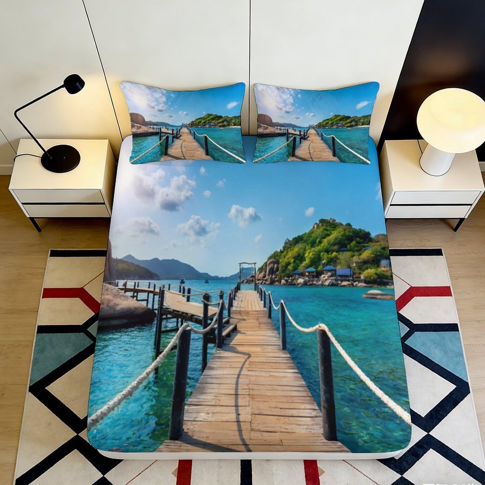 3D Printed Tropical Island Fitted Sheet Microfiber Soft Breathable Ocean View Bed Cover for Bedroom Dormitory Guest Room Mattress Protection Decor 90x200x25cm