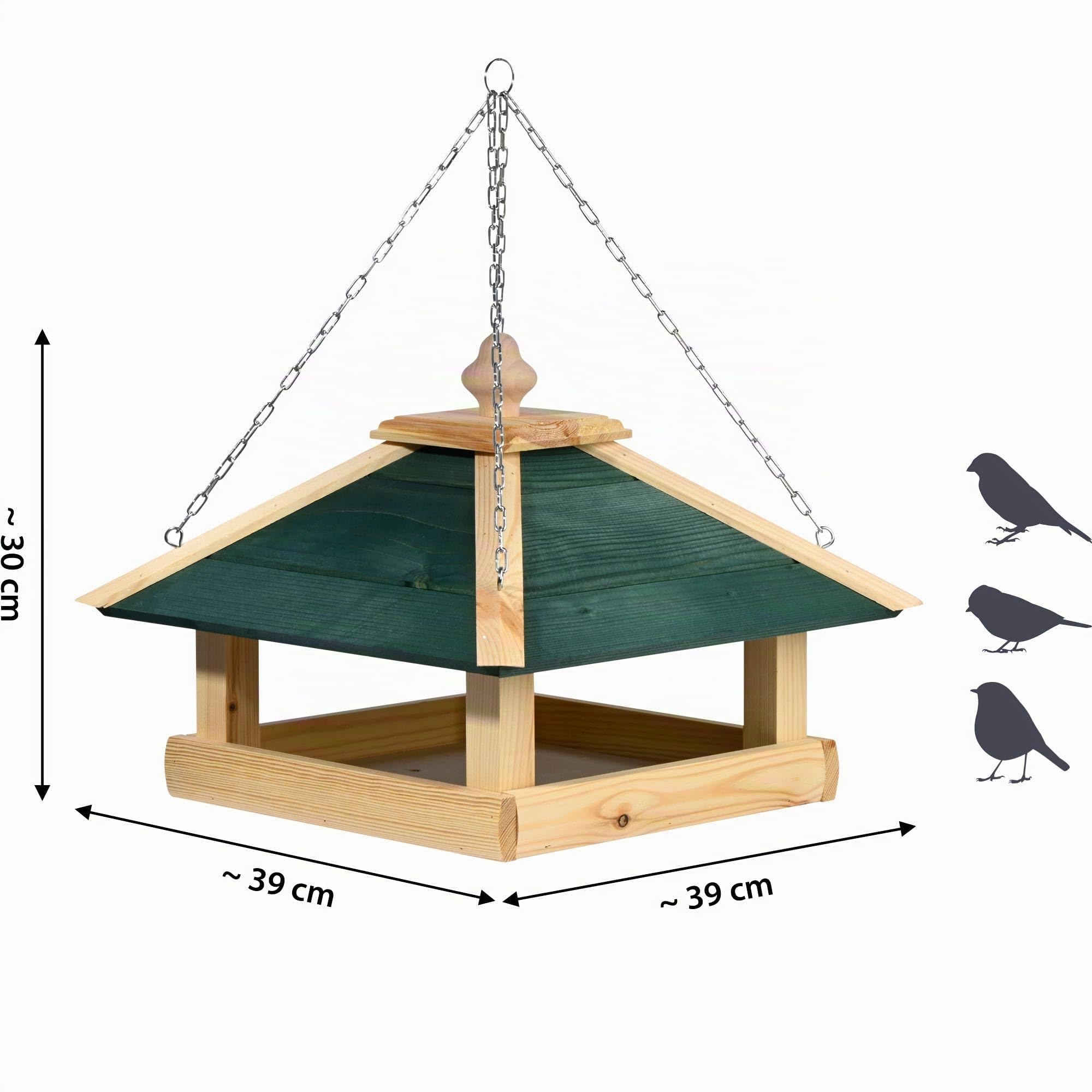dobar green label Großes Vogelfutterhaus "Narsaq" mit Kette zum Aufhängen | Vogelhaus mit grünem Dach | Futterstation für Wildvögel | Wildvogelfutterplatz | 39 x 39 x 30 cm | Kiefer
