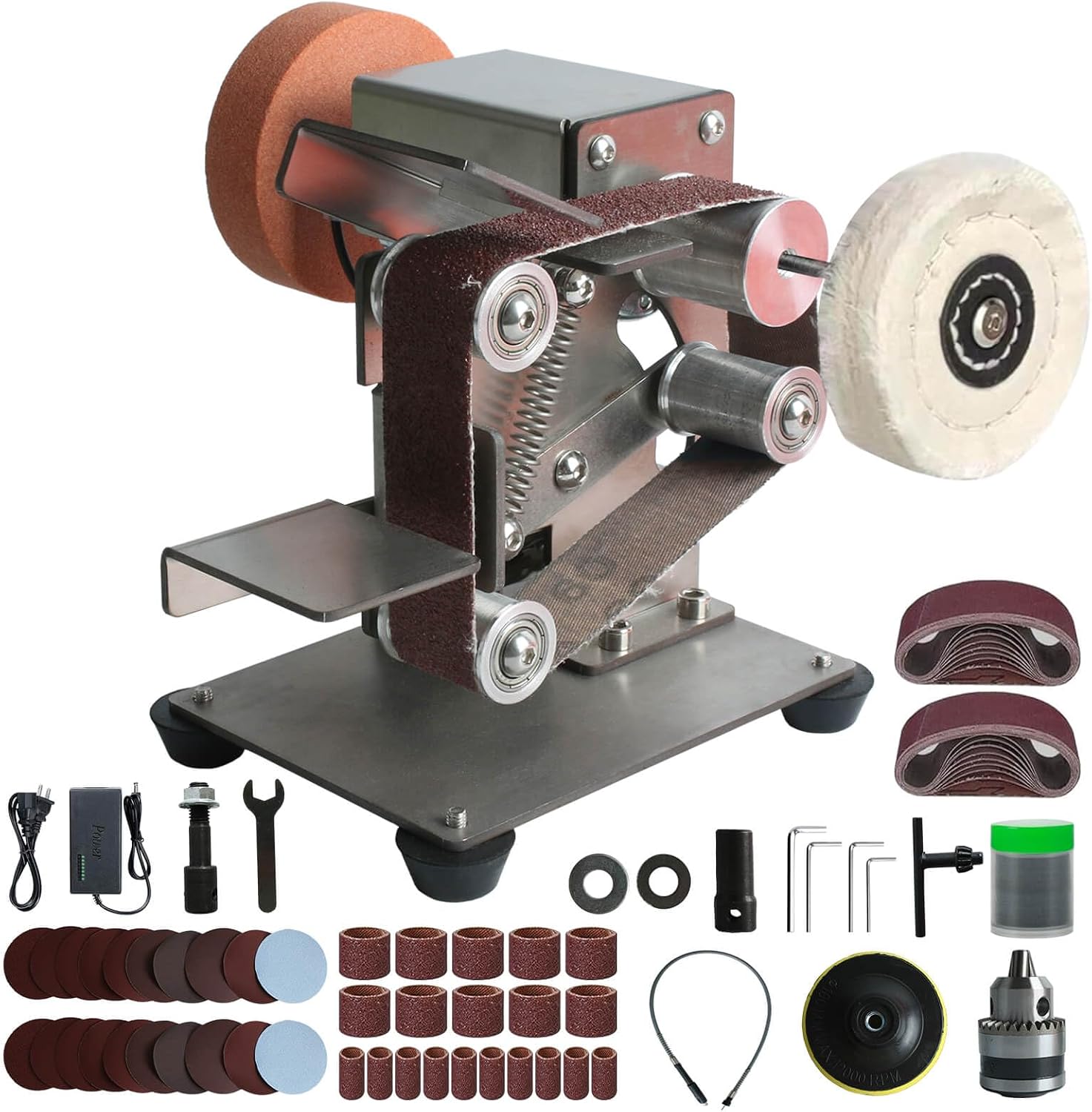Mini Belt Sander 110V, 7 Speed Adjustable Electric Knife Sharpener, Portable Multi-Function Grinder with Polishing Wheel for Woodworking Metal Polishing Deburring