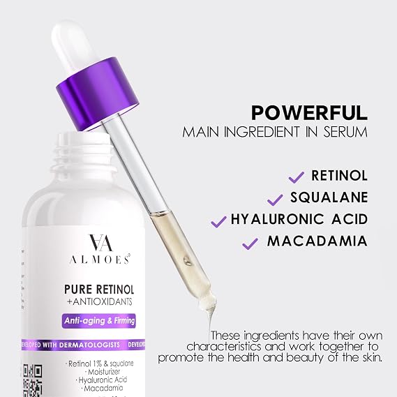 Almoes Retinol Serum for Face,Moisturising Serum for Face with Macadamia,Firming Skin,Antioxidant,Increase Skin Elasticity,Hyaluronic Acid Serum,Face Serum for Women,Serum for Face,Face Care,1 Fl Oz