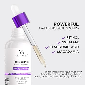 Almoes Retinol Serum for Face,Moisturising Serum for Face with Macadamia,Firming Skin,Antioxidant,Increase Skin Elasticity,Hyaluronic Acid Serum,Face Serum for Women,Serum for Face,Face Care,1 Fl Oz