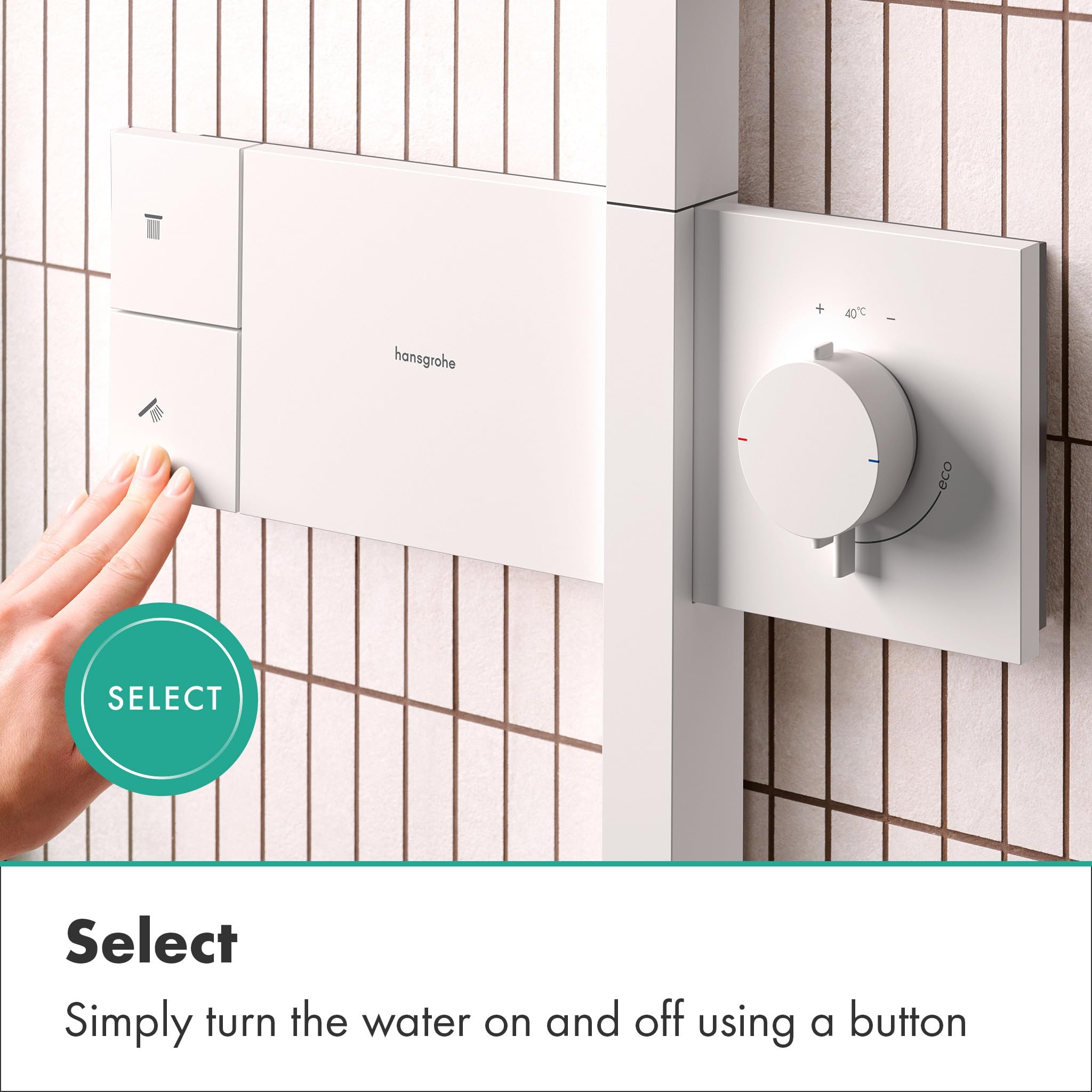 hansgrohe Raindance Alive Q - sistema de ducha con termostato, ducha lluvia (340 x 210 mm) con grifo, ducha de mano (3 tipos de chorro incl PowderRain), flexo, barra, ducha fija, blanco mate, 24580700