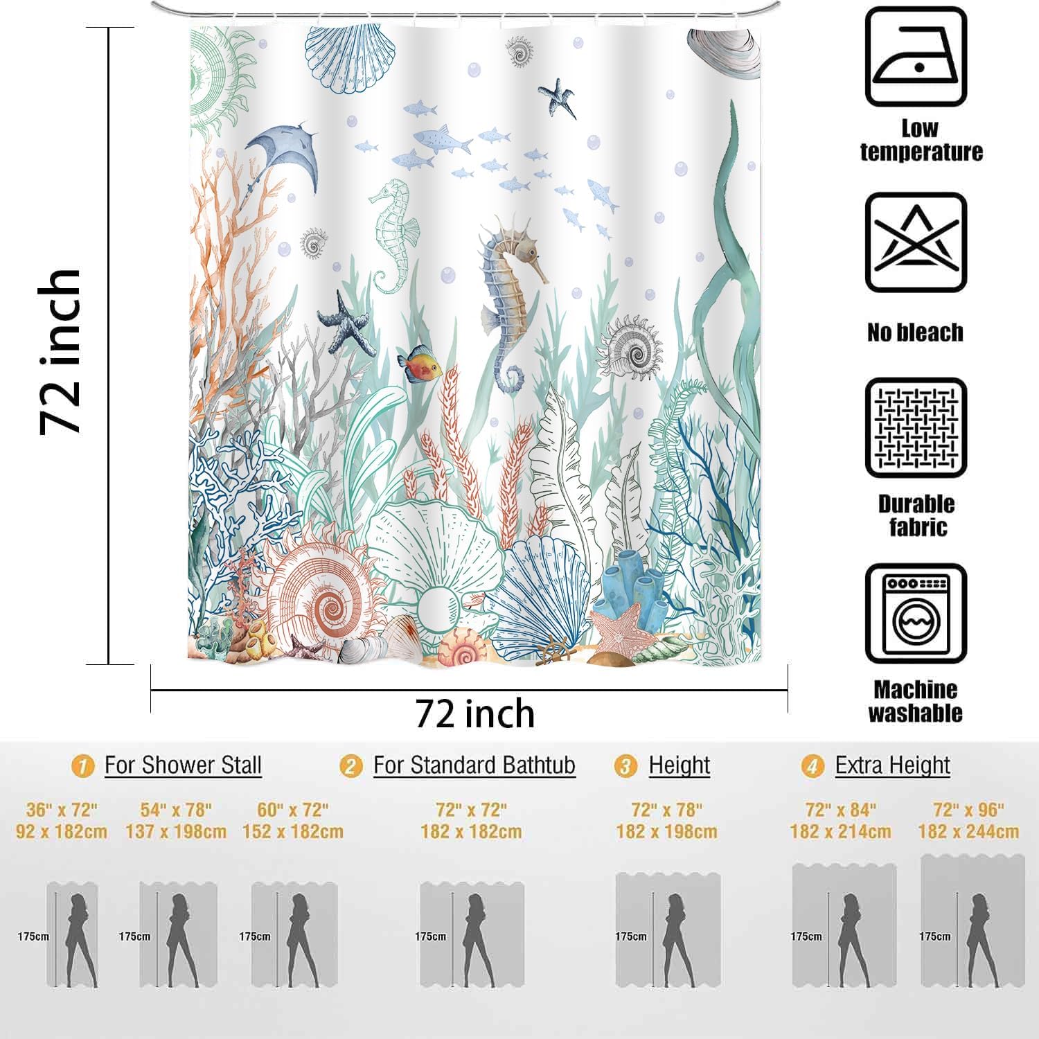 Nautical Coastal Shower Curtain Teal Ocean Coral Starfish Seashell Decorative Bathroom Curtain 72x72Inch Washable Polyester Fabric Underwater Marine Life Beach Shower Curtains Set with 12 Hooks