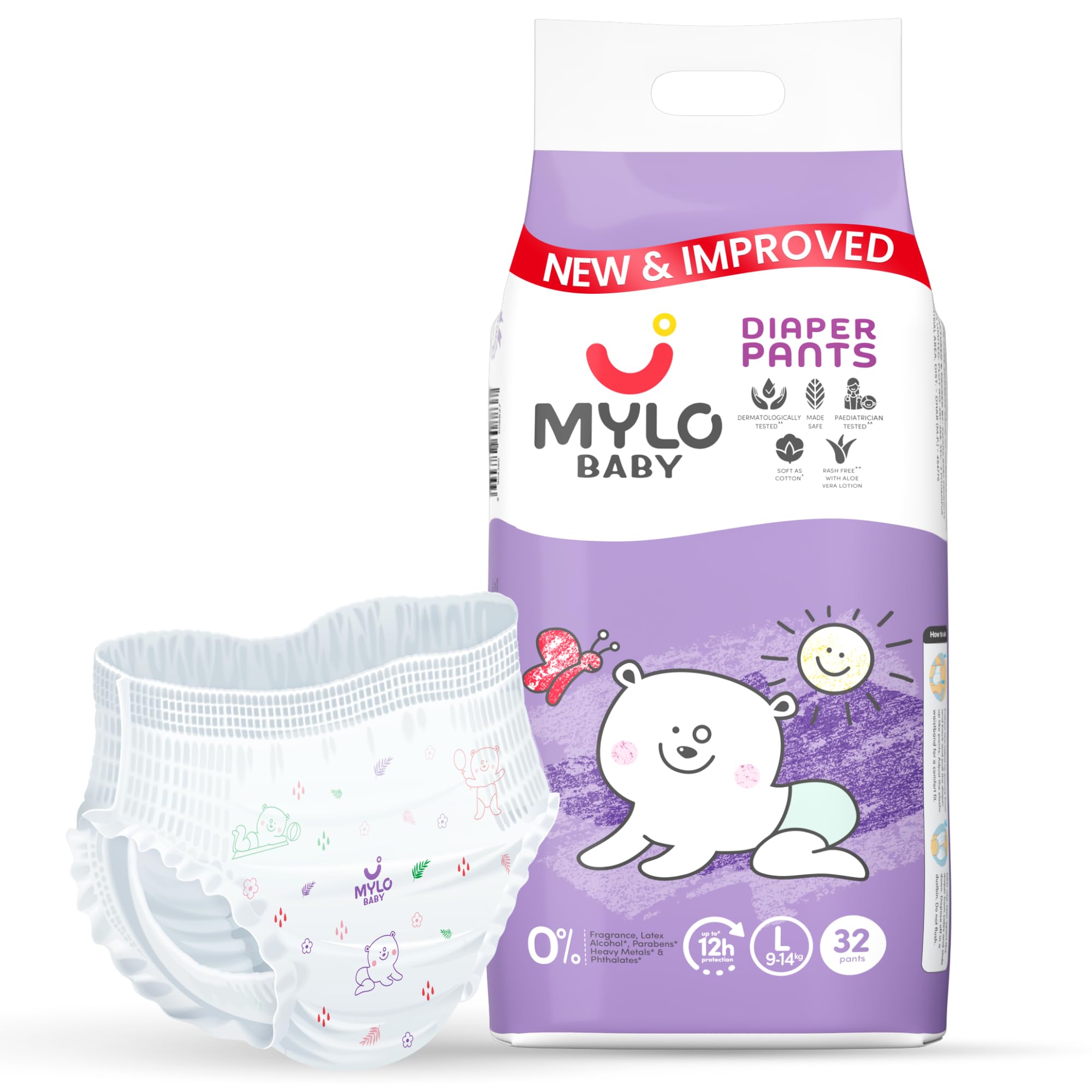 Mylo Baby Diaper Pants Large (L) Size 9-14 kgs (32 count) Leak Proof | Lightweight | Rash Free | 12 Hours Protection | ADL Technology | with Aloe Vera Lotion-image-27
