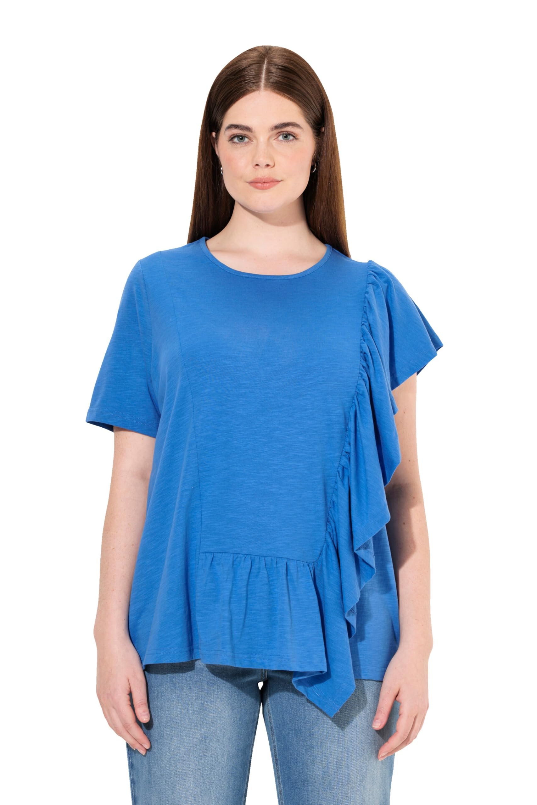 Ulla Popken Damen große Größen Übergrößen Plus Size T-Shirt, Volant, Rundhals, Halbarm, Biobaumwolle 830026