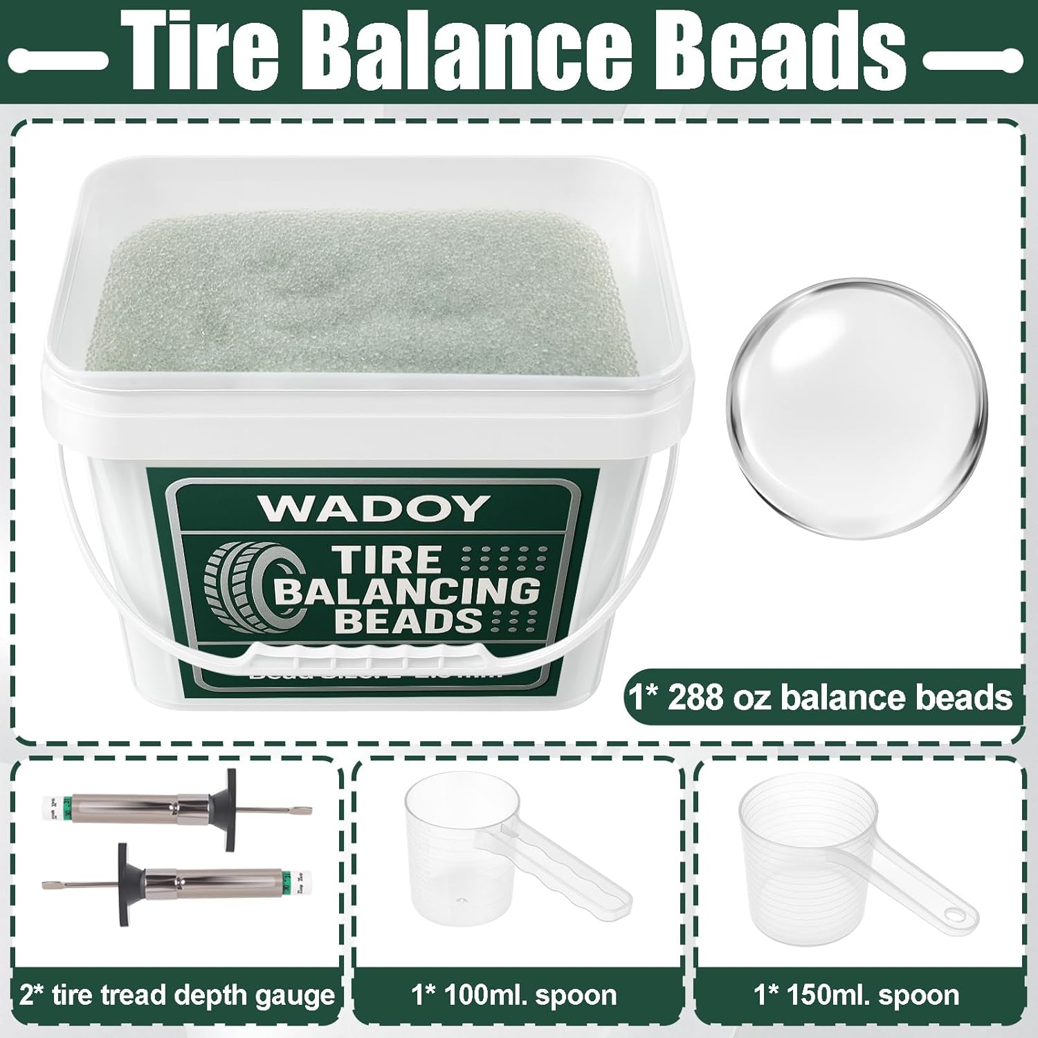 Wadoy Tire Balance Beads 18LBS(288oz) Tempered Glass Wheel Balance Beads,Balancing Beads for Truck Tires, for Light and MediumTruck, Trailer, Off-Road Vehicles, with Tire Tread Depth Gauge