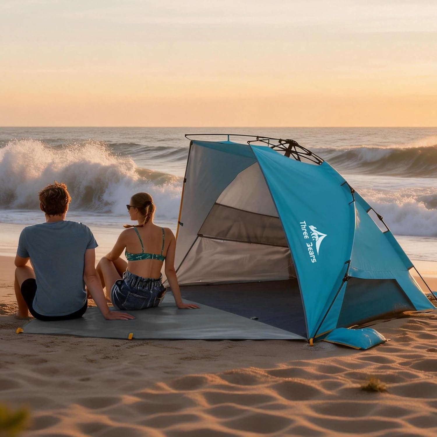 Three Bears Pop Up Beach Tent Sun Shade Shelter for 3-4 Person, UPF 50＋ UV Protection, Lightweight & Easy Setup Beach Shade Canopy, Portable Beach Shade Tent Beach Cabana (Blue)
