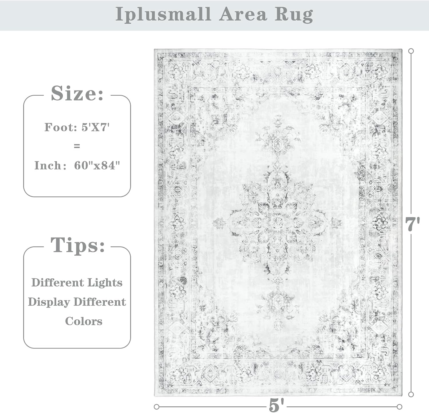 5x7 Area Rugs for Living Room, Large Washable Vintage Gray Living Room Rug, Soft Non-Slip Stain Resistant Throw Carpets for Dining Room Bedroom Office Farmhouse Home Decor, Light Grey