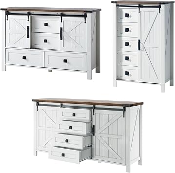 LUXOAK 3 Pieces Bedroom Set - Includes 60" Farmhouse Dresser, 48" Chest of Drawers with Sliding Barn Doors, 48" Tall Storage Cabinet with 5 Drawers, Rustic White