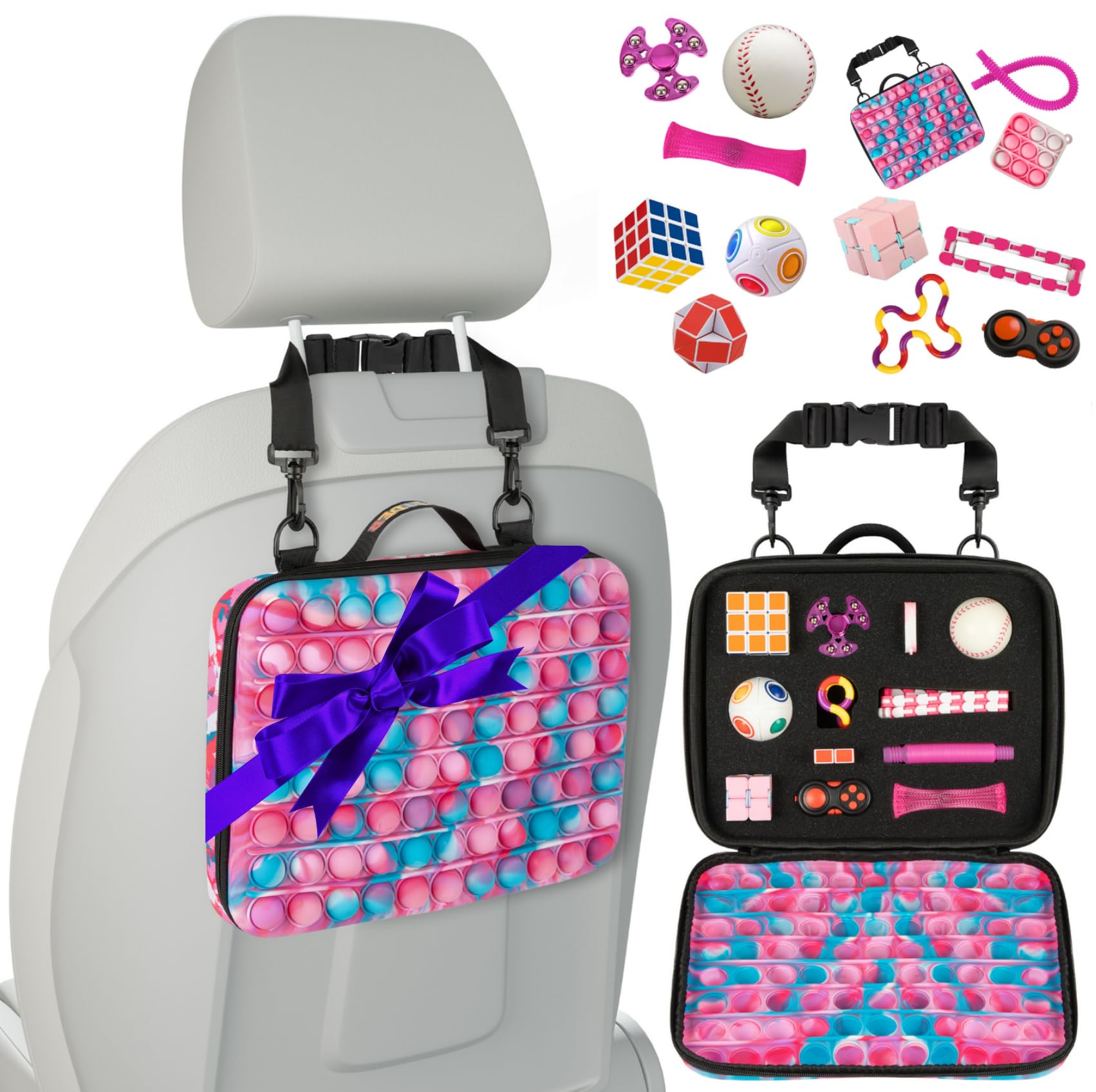 POPRIDER Travel Fidget Case Set with 12 Fidget Toys, Road Trip Activities for Kids, Airplane Must Haves for Kids, Sensory Toys, Car Travel Essentials for Long Trips (Pink)