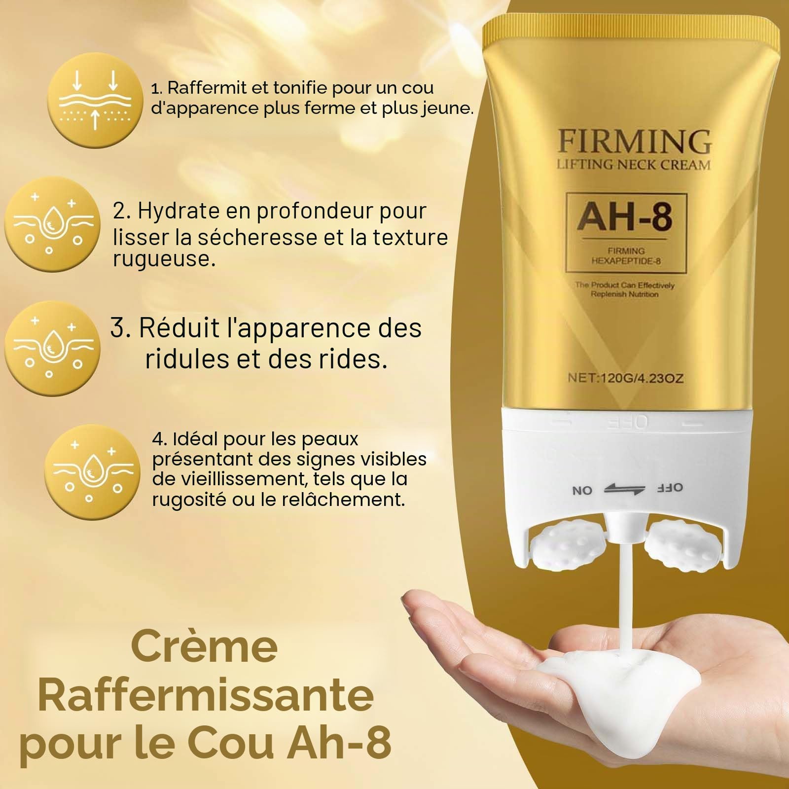 AH-8 Creme Raffermissante pour le Cou, Combattre le Double Menton, Crème Raffermissante avec Rouleau et Patch pour le Cou, Nourrit la Peau