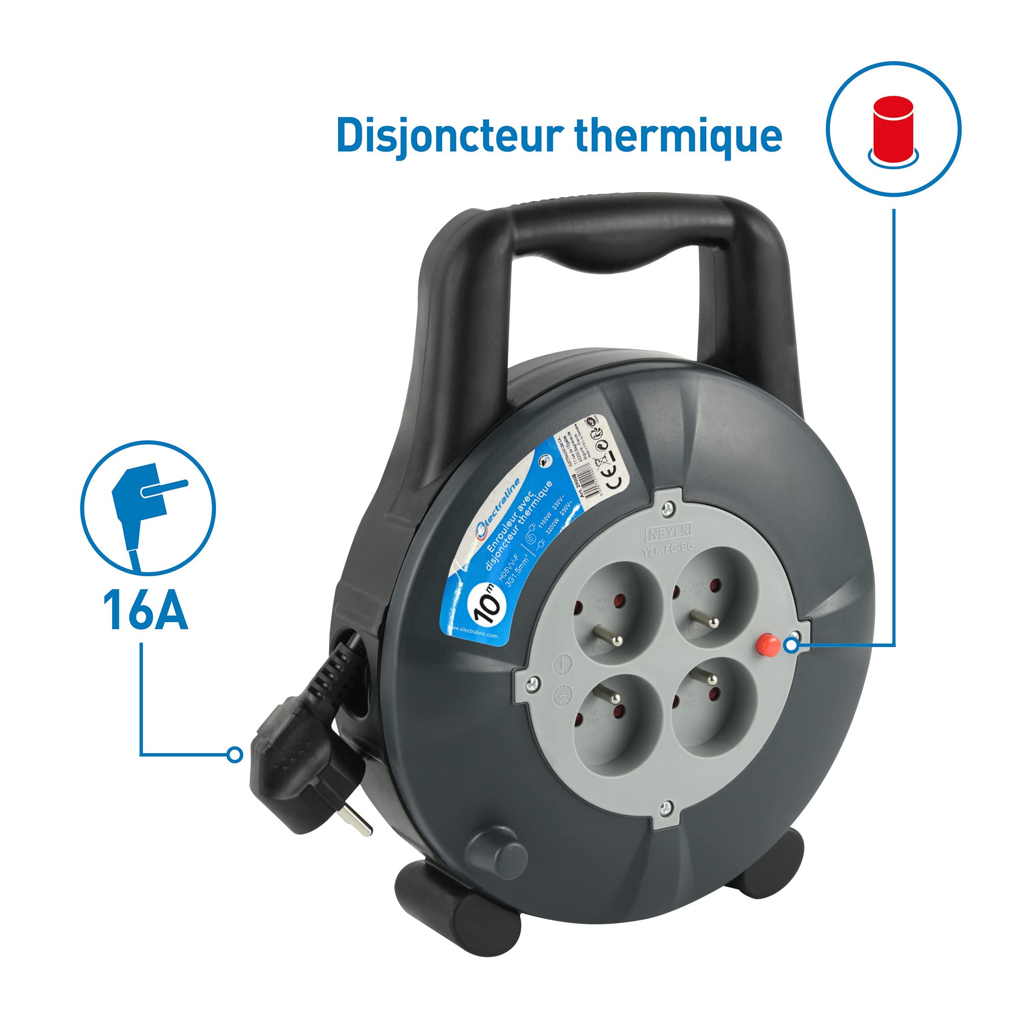 Electraline Enrouleur Rallonge 10m 16A 3G1,5 mm²