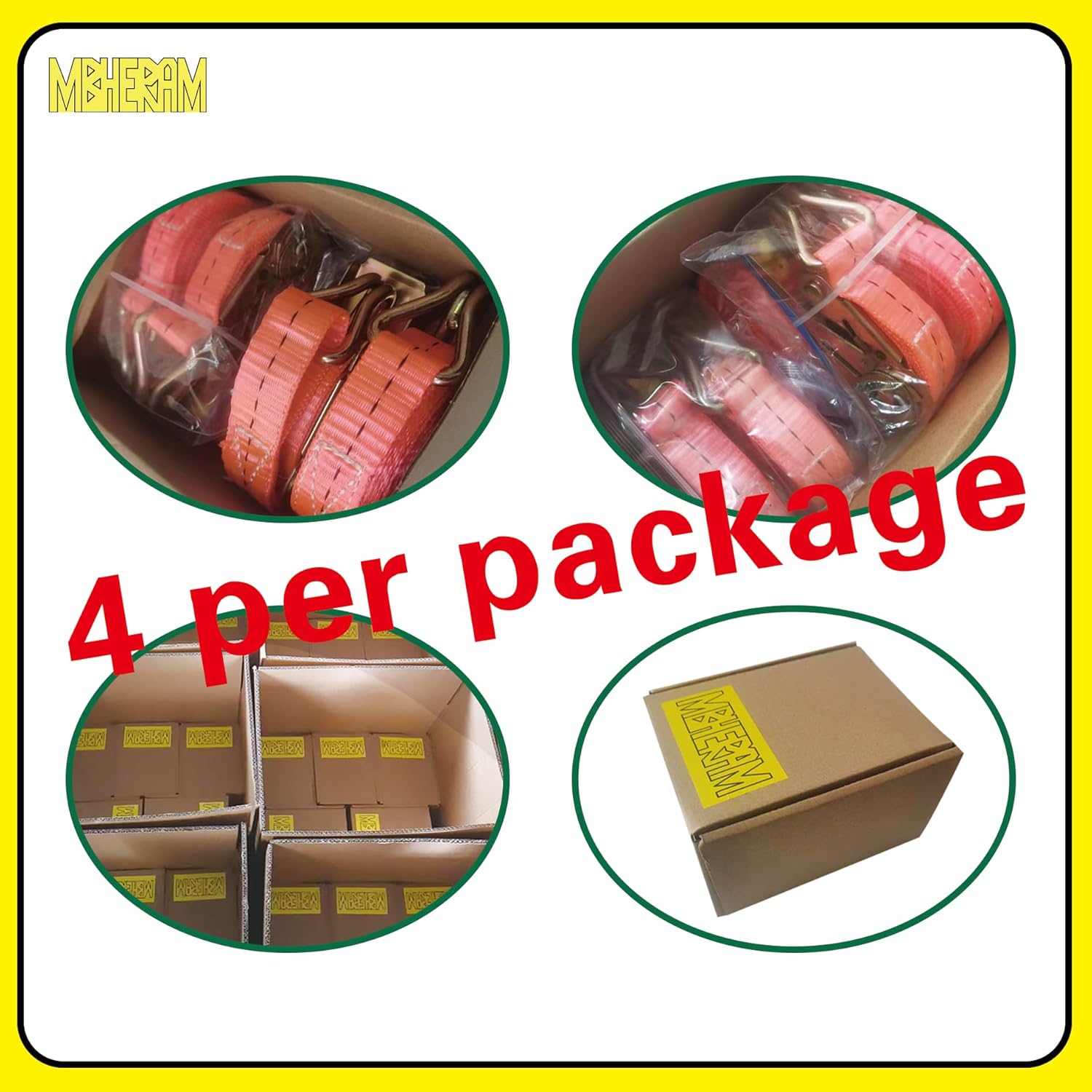 4-Pack 25mm x 3m Ratchet Tie Down Straps - 1200 lb Break Strength, Double J-Hooks for Secure Transport