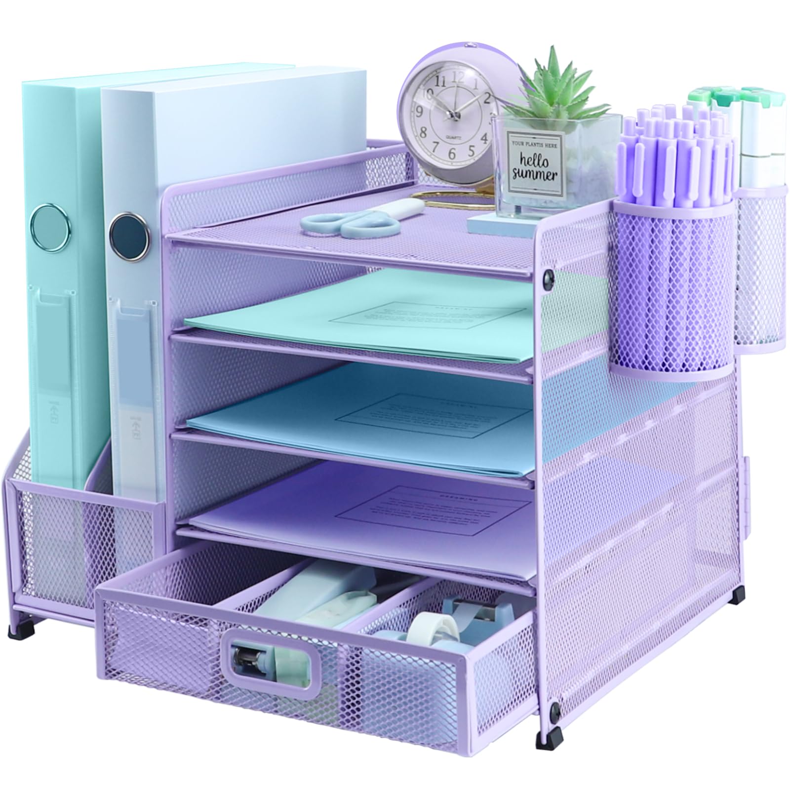 TSDRBWO Desk Organiser File Holder With 2 Pen Holder, 5 Tier Paper Letter Tray Organiser with Drawer,Mesh Desktop Storage with Magazine Holder for Office Supplies, Purple