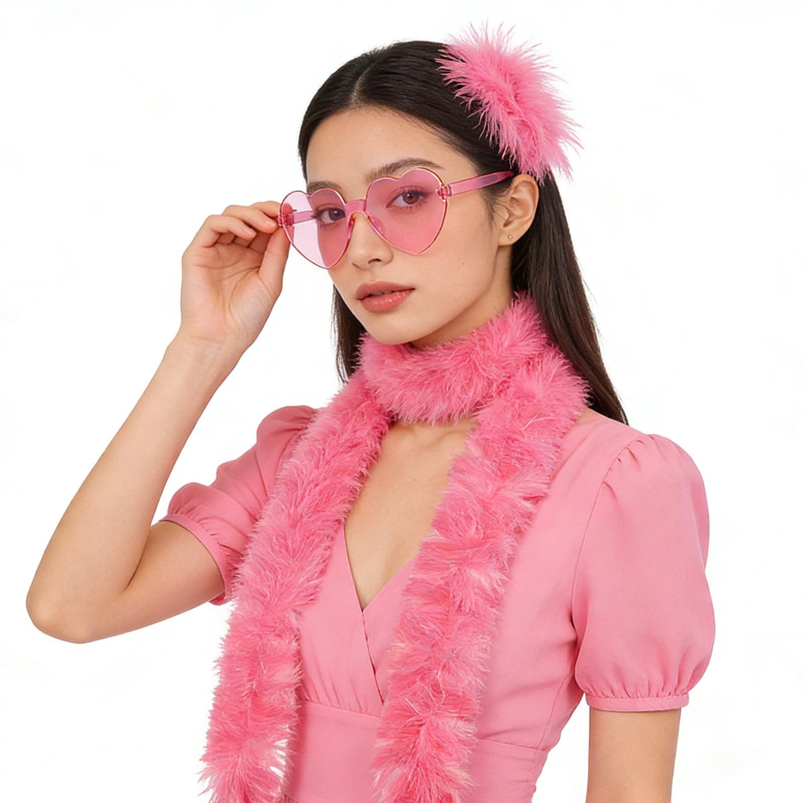 VNIDJGB Pink Feather Boa and 1.5m Heart Rimless Sunglasses,Pink Loose Feathered Accessory,Party Decorations Turkey Feather Scarf Fancy Dress Accessories for Dancing Wedding Parties,Cosplay,New Year - Image 3