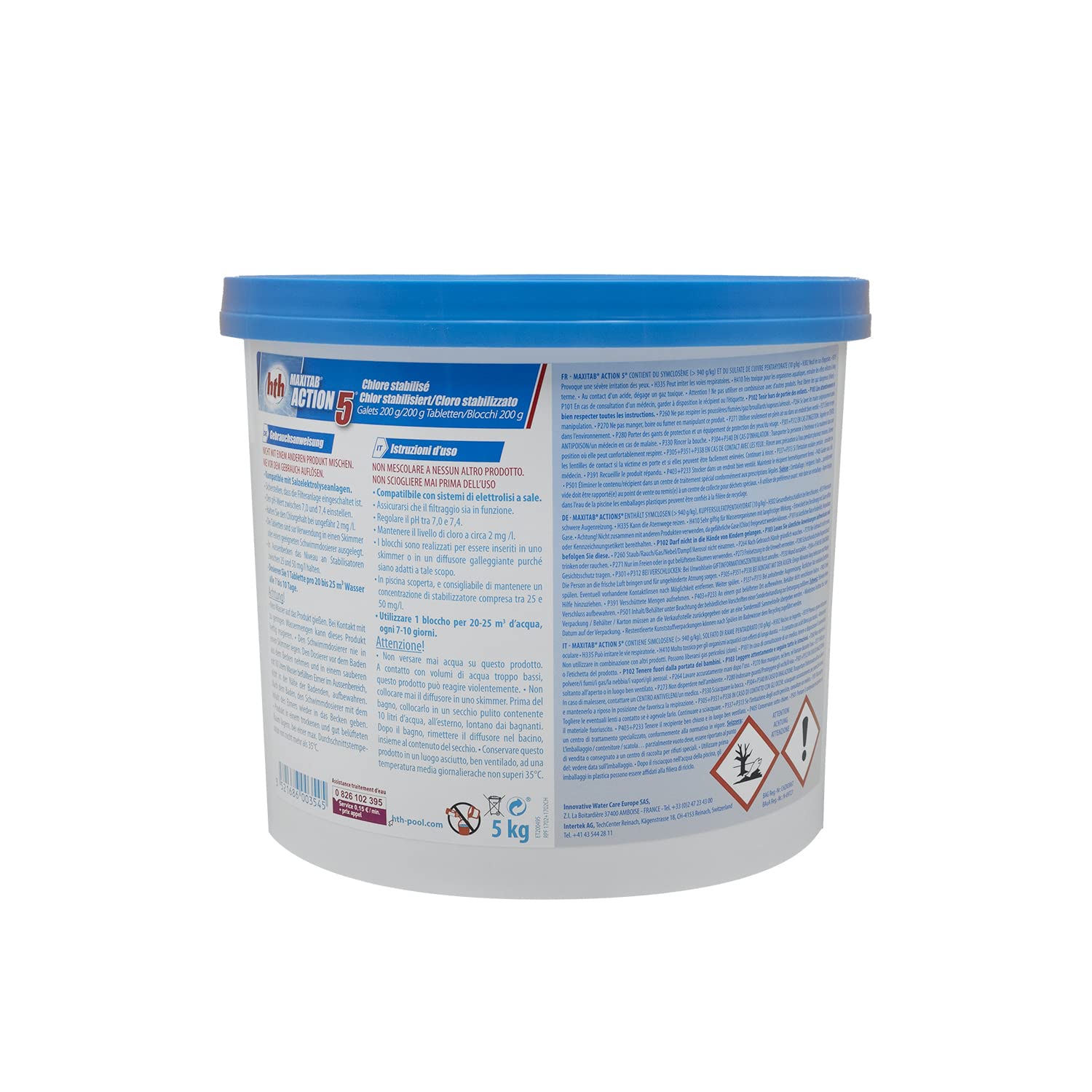HTH MAXITAB Action 5 Galet 200g - 5kg | Chlore Lent Stabilisé Multiaction - Désinfection Régulière Multifonction - Dissolution Lente + 10 Tests HPS OFFERTS 6 en 1