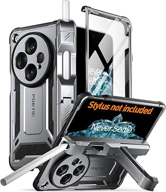 Poetic Spartan Case for OnePlus Open/Oppo Find N3, [Hinge Protection] [Kickstand] [Oppo Pen Holder] Full-Body Protective Rugged Cover, Built-in Screen Protector, Gun Metal