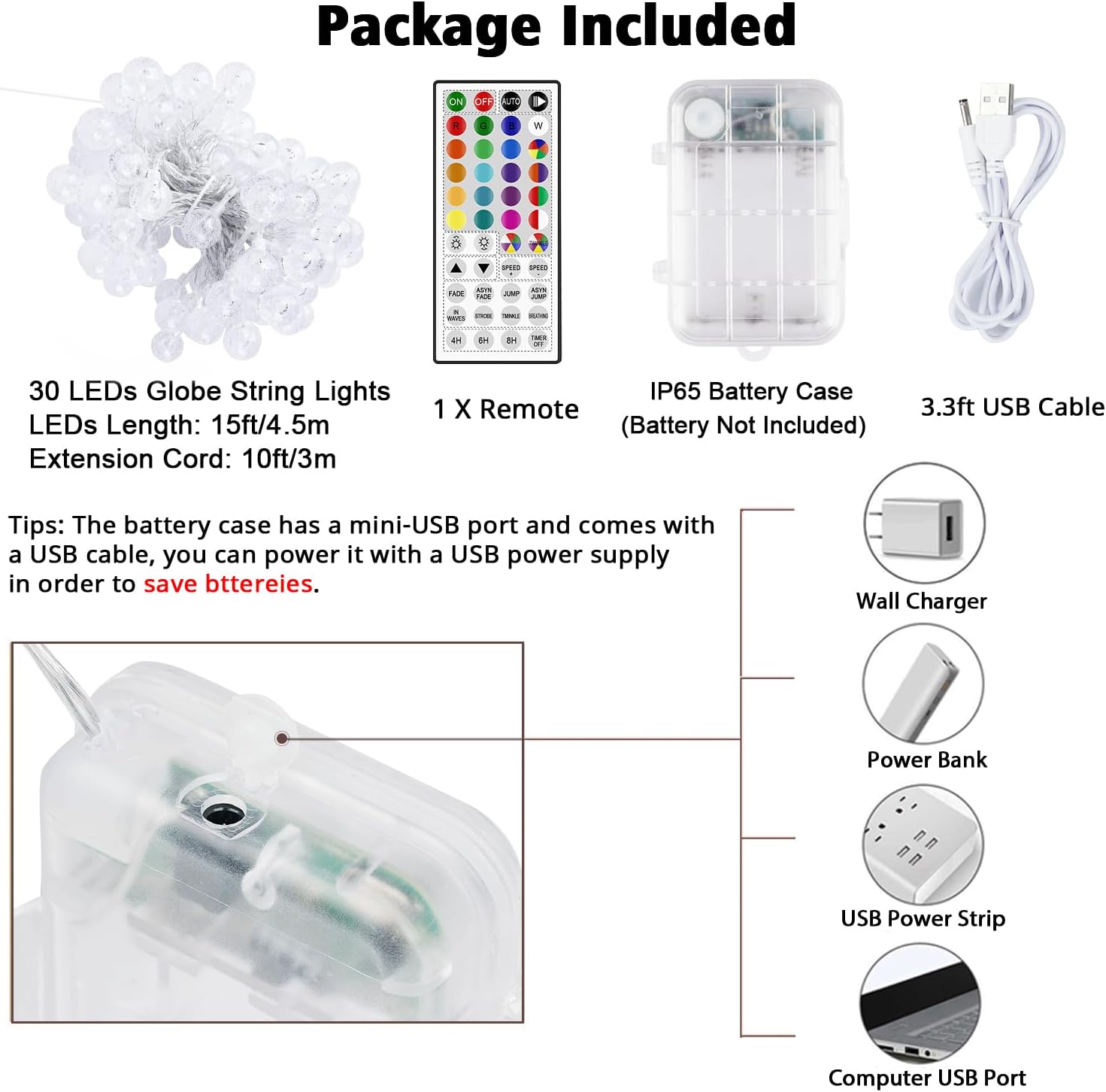 Package contents including string lights, remote, battery box, and USB cable
