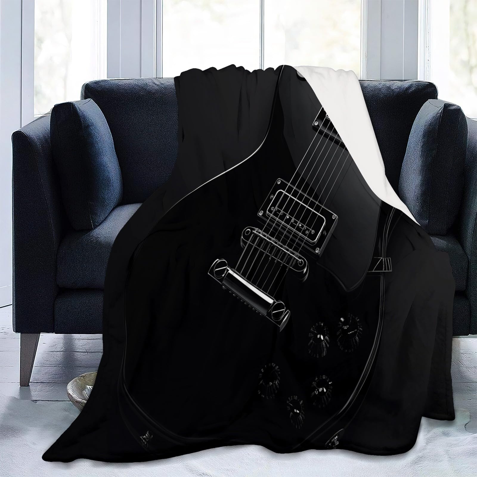 Przytulny koc polarowy, na gitarę elektryczną, czarny, czarny, puszysty, ciepły, miękki, do salonu, koc na kanapę, koc do mieszkania, dla dorosłych, dzieci, niemowląt, 180 x 200 cm