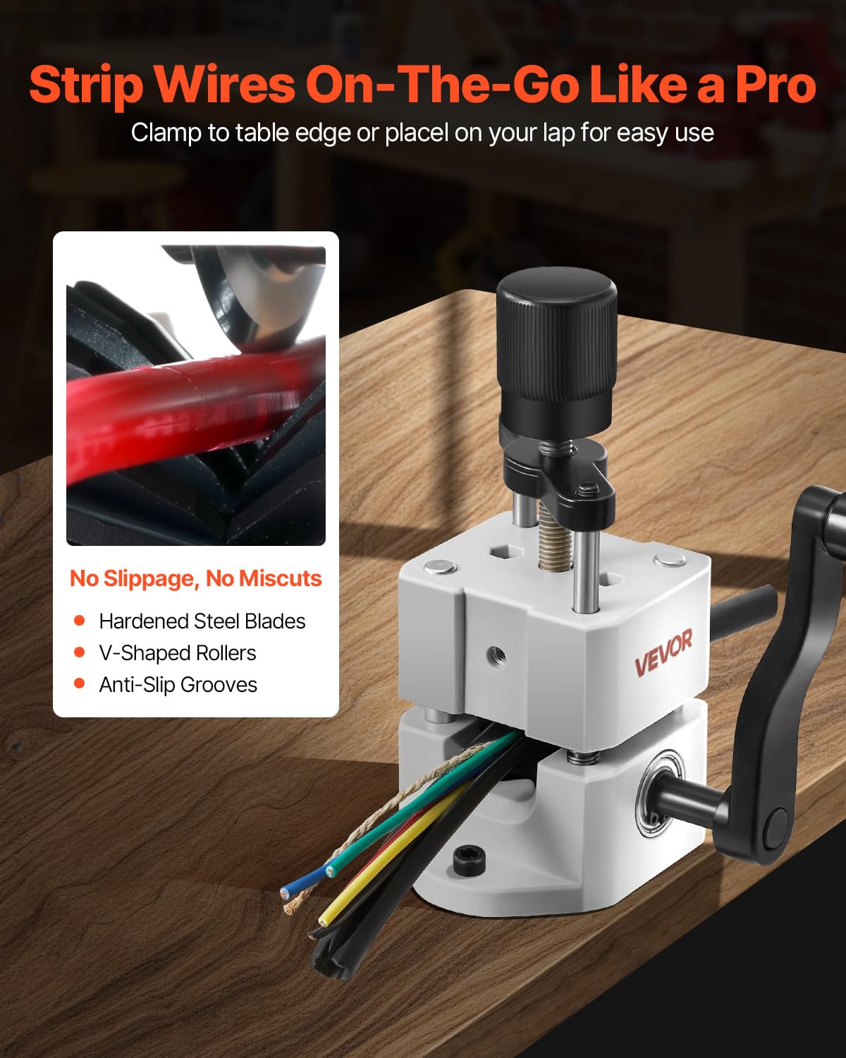 VEVOR Peladora de Cables Manual de 1,5-25 mm, Peladora de Cobre Portátil ABC y PC con Manivela o Taladro, Cuchillas Templadas de 64 Mn, Rodillos de Acero para Reciclaje de Chatarra de Cobre
