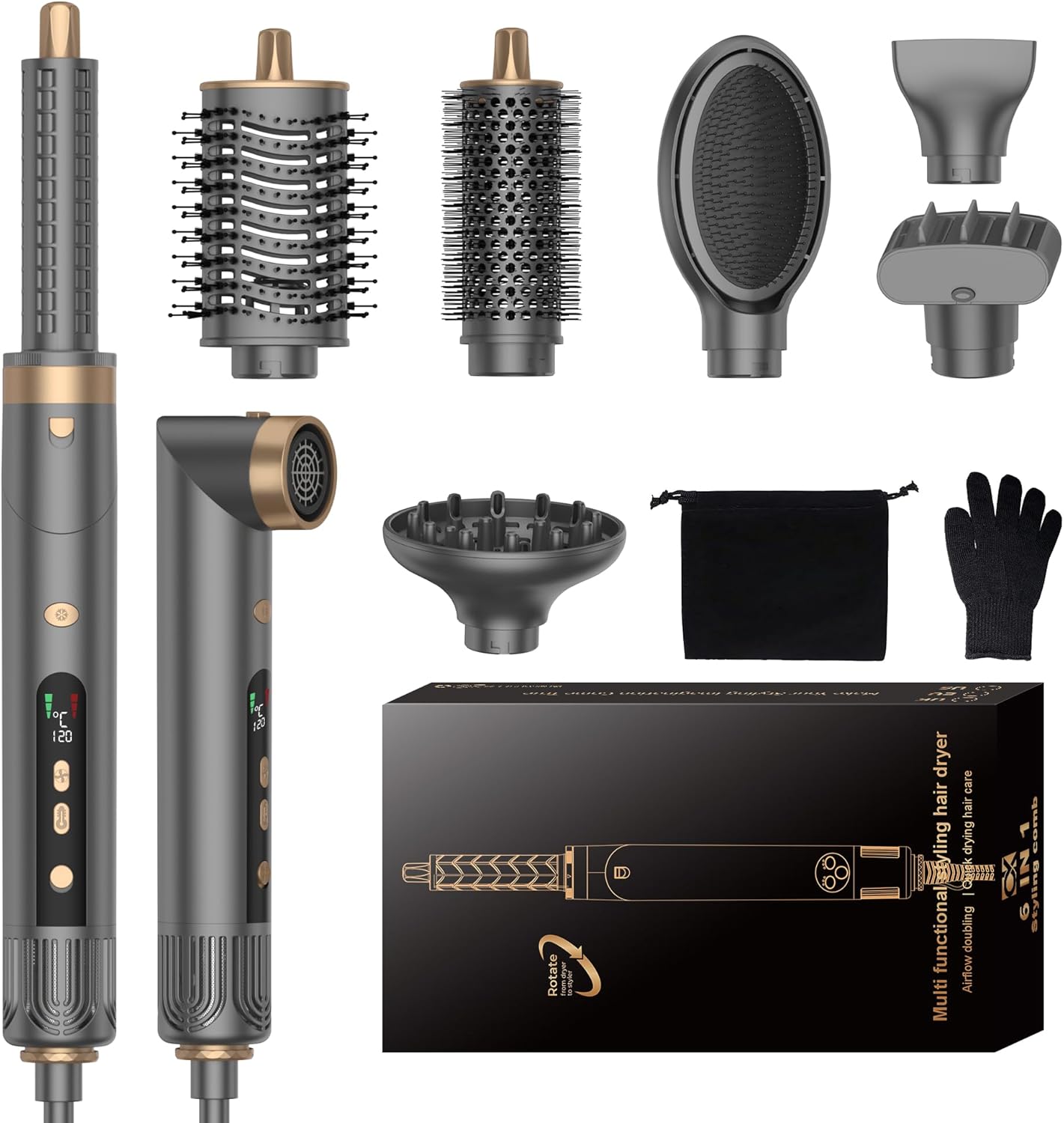 OKWRAP Styler per capelli 7 in 1, spazzola per asciugacapelli, 110.000 giri/min, 30 M/S Include asciugacapelli arricciacapelli automatico e spazzola termica, 500 milioni di ioni negativi