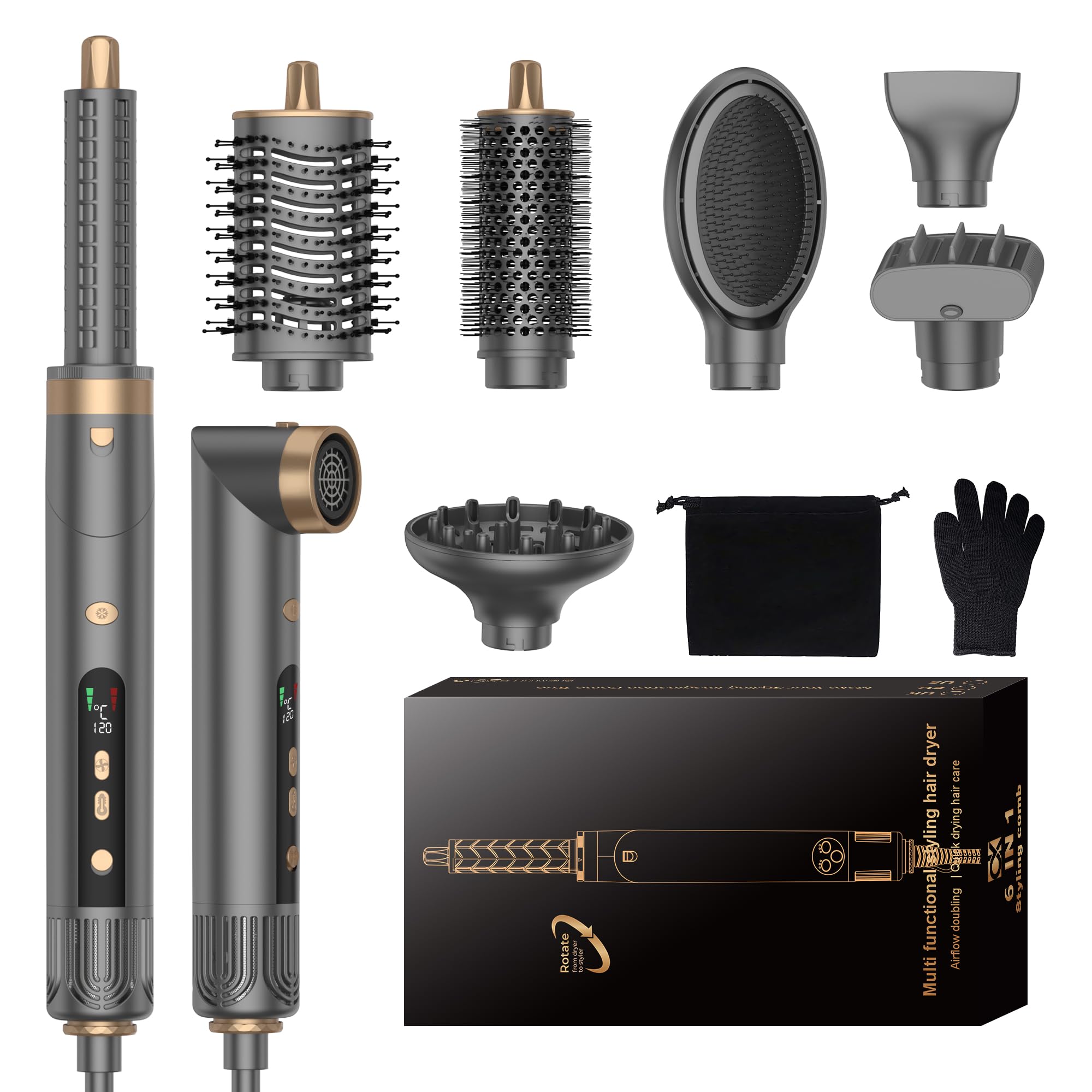 OKWRAP Asciugacapelli 7 in 1 Hair Styler, Spazzola Phon Per Capelli 110.000 Giri/Min, 30M/S Include Asciugacapelli Arricciacapelli Automatico e Thermal Brush, 500 Milioni di Ioni Negativi