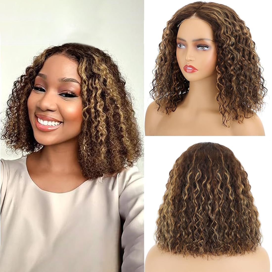 RQY Curly Bob Wig Human Hair Curly Honey Blonde Lace Closure Wigs (10inch)  Highlight Ombe Lace Front Bob Wigs 10A Brazilian Curly Omber Front Closure