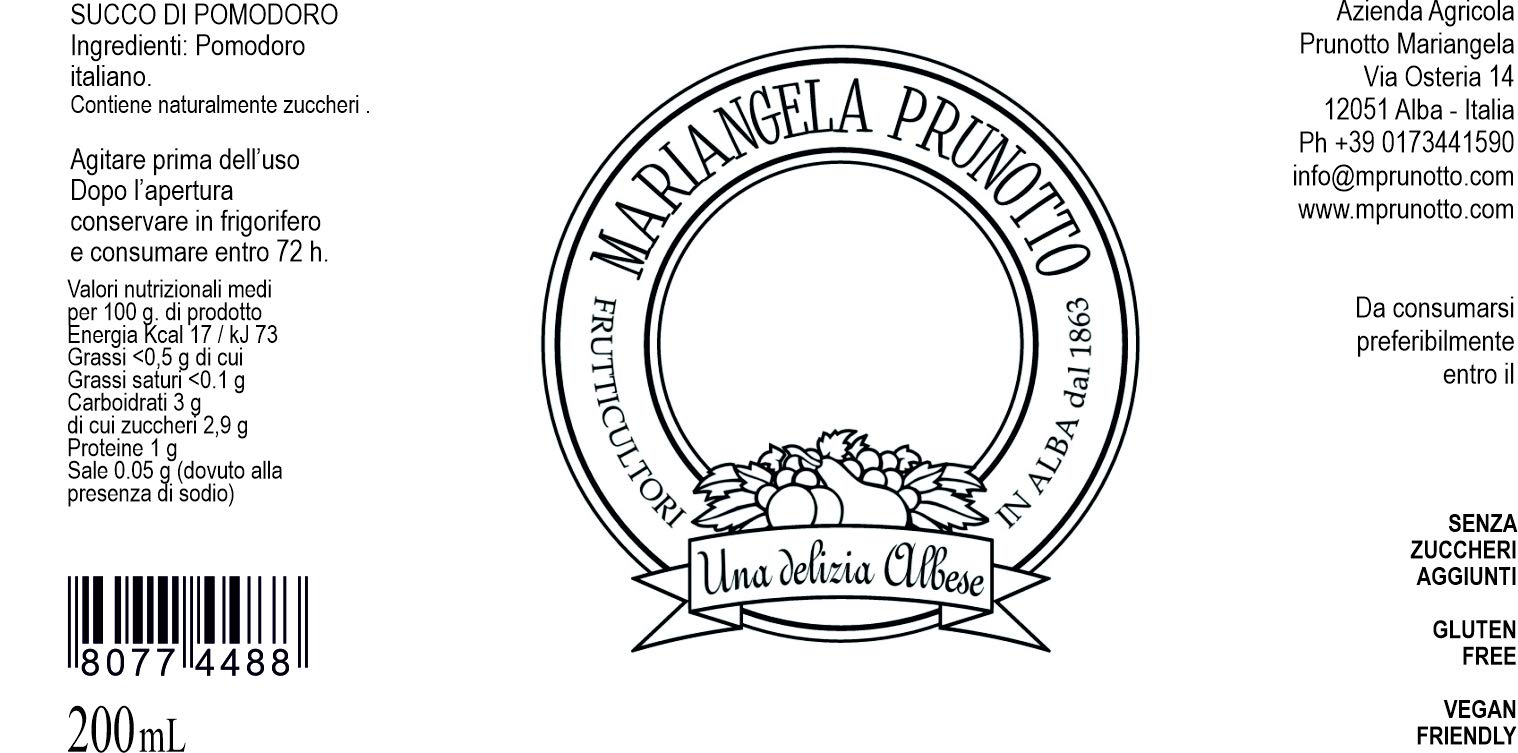 Mariangela Prunotto - Una Delizia Albese - Frutticultori in Alba dal 1863 - Succo di Pomodoro Originale - 12 Bottiglie da 200ml - 2.4 kg - 2400 ml