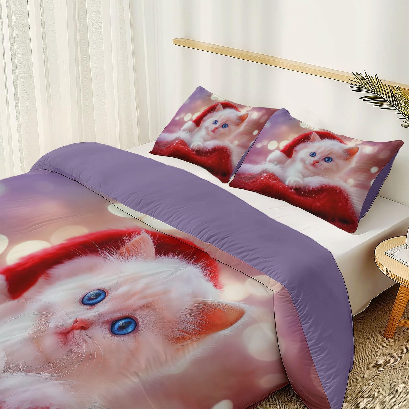 Sen Zwierzęta Kot Boże Narodzenie 3-częściowy zestaw poszewek na kołdrę z mikrofibry 220 x 240, dwustronny zamek błyskawiczny, łatwy do czyszczenia - idealny do sypialni dorosłych i dzieci fioletowy