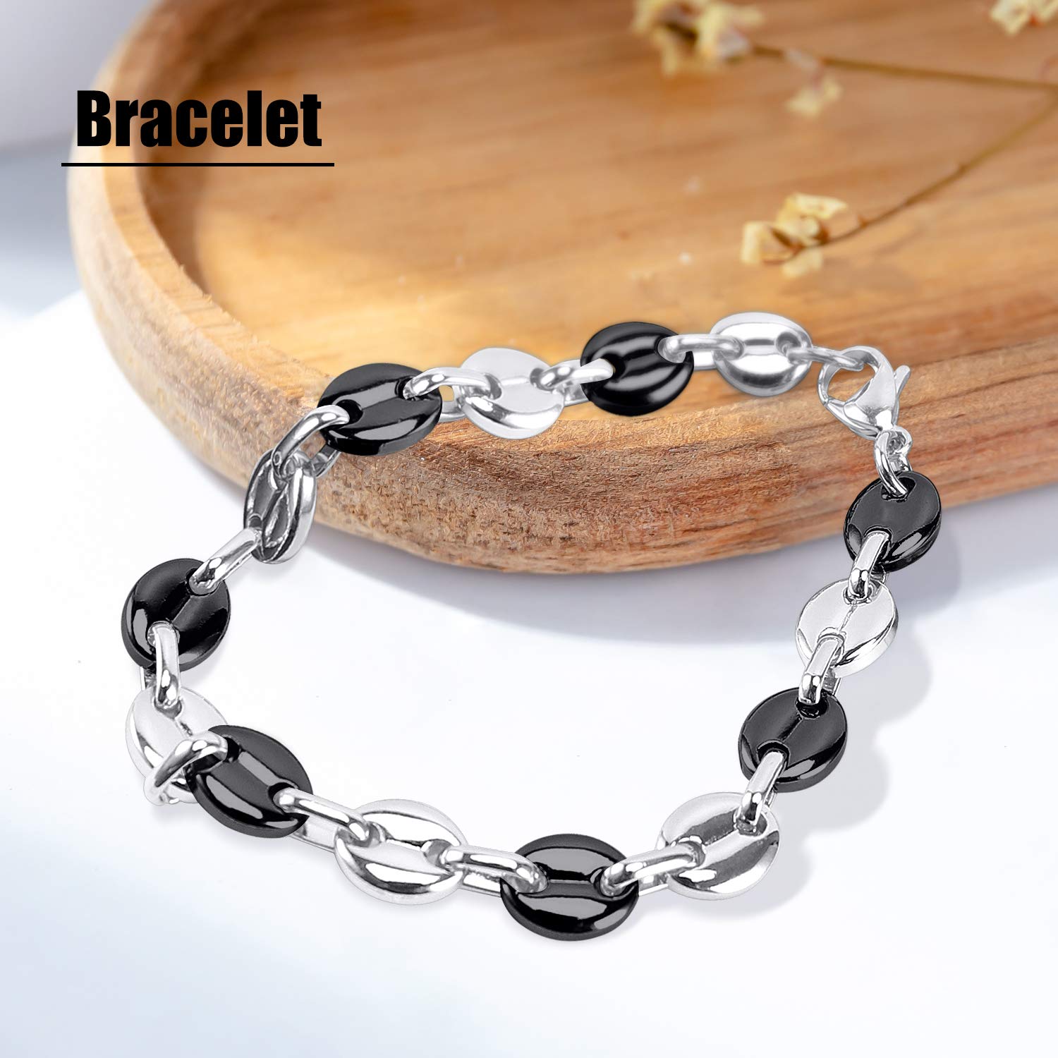 AURSTORE Parure Bracelet ET Chaine Homme Acier INOX Massif Grain DEà café Taille Couleurs AU Choix (11mm, Argenté-Noir)