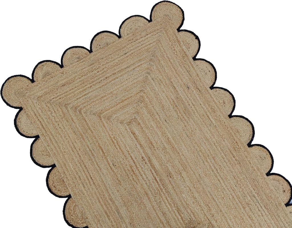 Tapis festonné en jute festonné de qualité supérieure avec bordure noire, style bohème festonné à la main pour salon, chambre à coucher, entrée, décoration d'intérieur bohème