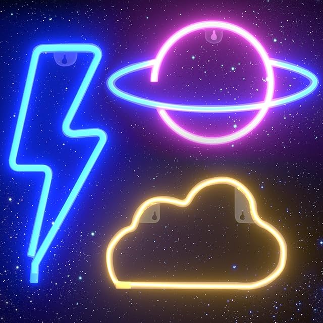 WisaKey Neon Sign, 3 Pack Neon Lights Wall Lights Wall Decor, LED Lightning, Cloud, Planet Shaped, USB/Battery Powered, Neon Light Sign for Bedroom, Kids Room, Bar, Party, Gifts (with Hooks)