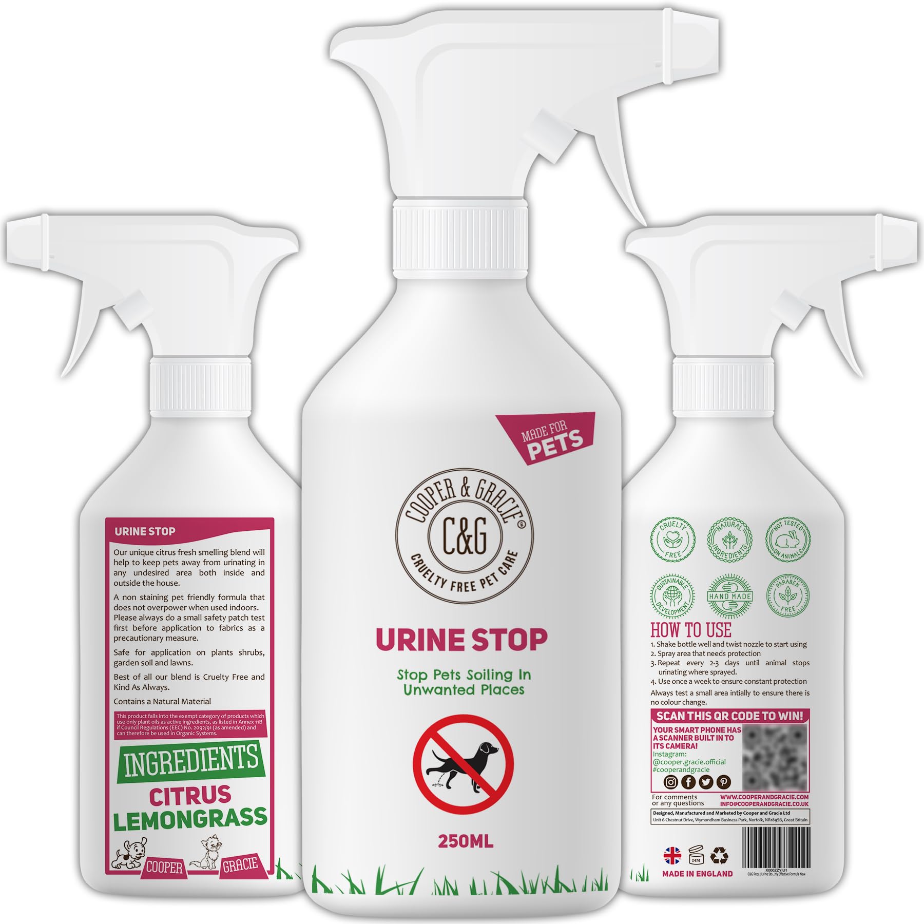 C&G Pets Urine Stop Spray per cani e gatti – Formula a tripla azione – blocca la ripetizione di segni all'interno e all'esterno – Ingredienti naturali, prodotto nel Regno Unito – sicuro per famiglie e