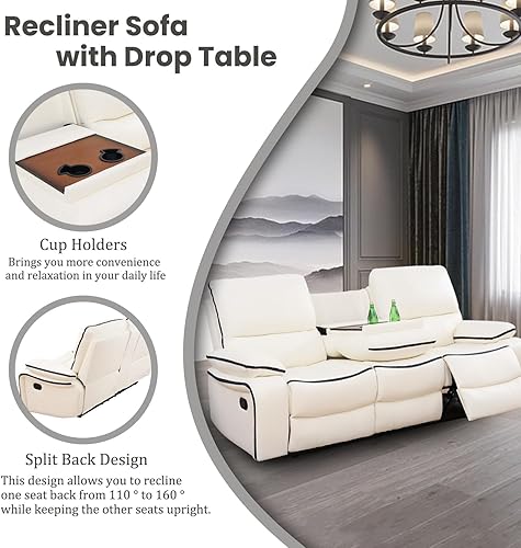 Miniatura 4 de Muebles de sala de estar reclinables manuales, sofá de cuero regenerado con consola desplegable, sofá biplaza con consola de almacenamiento, silla